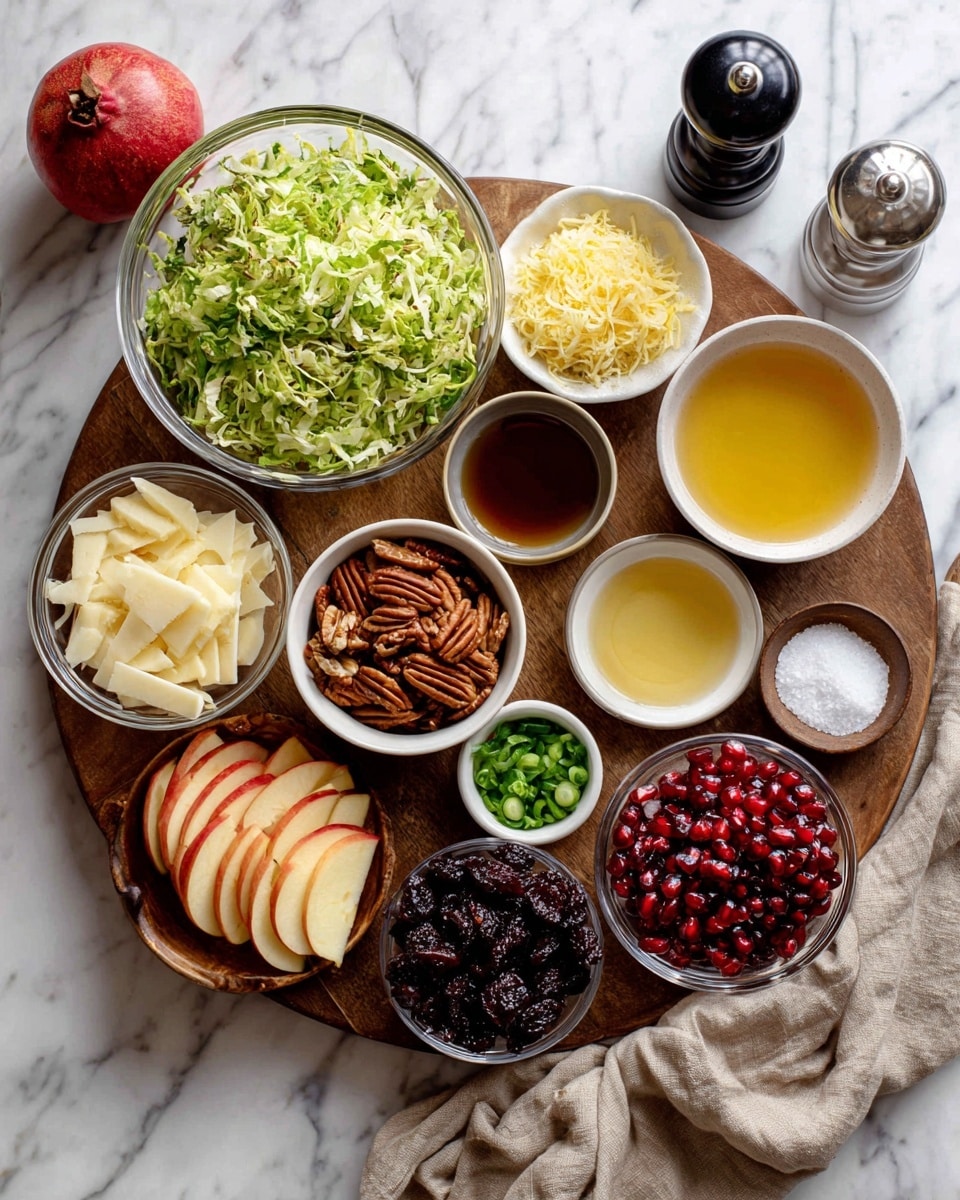 A large round wooden board holds twelve small bowls and two whole fruits arranged neatly. The bowls contain various ingredients: at the top, light yellow lemon zest in a small white bowl next to lemon juice in a glass bowl, pale yellow dijon mustard in a white bowl, and light golden olive oil in a glass bowl. Nearby are a small white bowl of chopped shallot, a small brown bowl filled with dark brown pecans, and a small brown bowl holding bright green chopped green onion. To the left, a large clear bowl of shredded light green brussel sprouts sits next to a small glass bowl filled with dark dried cherries and a small brown bowl layered with white asiago cheese slices. Below are two clear bowls, one with deep red pomegranate seeds and another with light cream-colored sliced apples with red skin. The board rests on a white marbled surface with a beige cloth draped at the bottom and a whole red pomegranate and apple placed nearby. A black pepper grinder and a small white bowl of salt complete the scene photo taken with an iphone --ar 4:5 --v 7