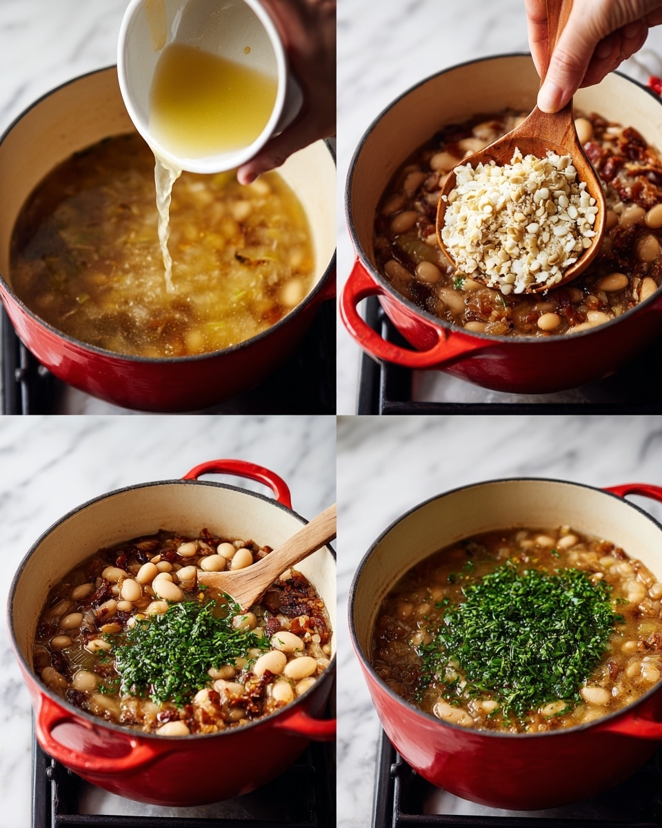 A red pot with a white inside sits on a black stove with a white marbled background. In the first image, light yellow broth is being poured into the pot containing white and brown beans and browned onions. In the second image, a woman's hand is holding a wooden spoon filled with mixed white and brown beans over the pot filled with broth and beans. In the third image, a woman's hand is adding light beige split peas from a small white bowl into the pot with the broth and beans. In the fourth image, finely chopped green herbs cover the top of the pot filled with the broth and beans, with a wooden spoon resting inside. Photo taken with an iphone --ar 4:5 --v 7