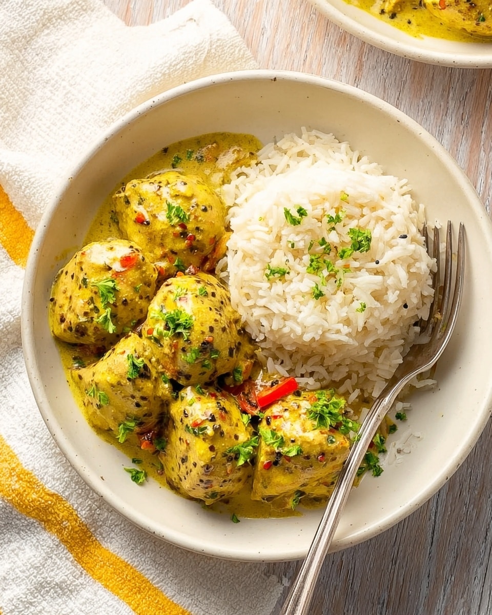 The image shows a white round bowl filled with a dish that has two main parts. On the right side, there is a smooth mound of white rice with some small green herbs sprinkled on top. On the left side, there are several round pieces of chicken covered in thick yellow sauce with visible black specks, garnished with small green herbs and tiny red pieces. A silver fork rests on the edge of the bowl on the right side. The bowl is placed on a light wooden surface with a white cloth with yellow stripes in the top left corner. Photo taken with an iphone --ar 4:5 --v 7