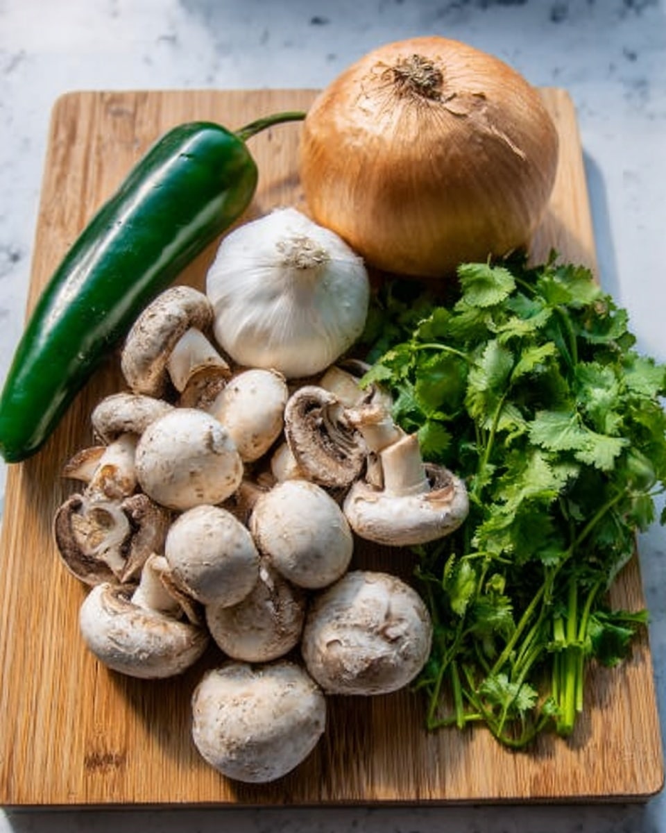 On a white marbled surface, there is a wooden cutting board holding a group of fresh ingredients. In the center, a pile of white mushrooms, some whole and some sliced, shows smooth, rounded caps and light cream stems. To the left of the mushrooms lies a long, green chili pepper with a shiny skin. Above that, a large, whole onion with golden-brown outer layers rests. To the right, a bulb of white garlic with papery skin sits next to a bunch of fresh, bright green cilantro with leaves and stems arranged neatly. Photo taken with an iphone --ar 4:5 --v 7