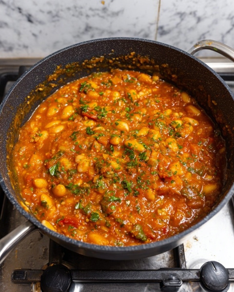 A black pot on a stove filled with a thick stew-like mixture. The stew has an orange-red sauce with visible chunks of white beans, small pieces of green herbs sprinkled throughout, and bits of other vegetables mixed in. The texture looks slightly chunky and saucy. The stove knobs are visible on the right side, and the background is a white marbled surface. photo taken with an iphone --ar 4:5 --v 7