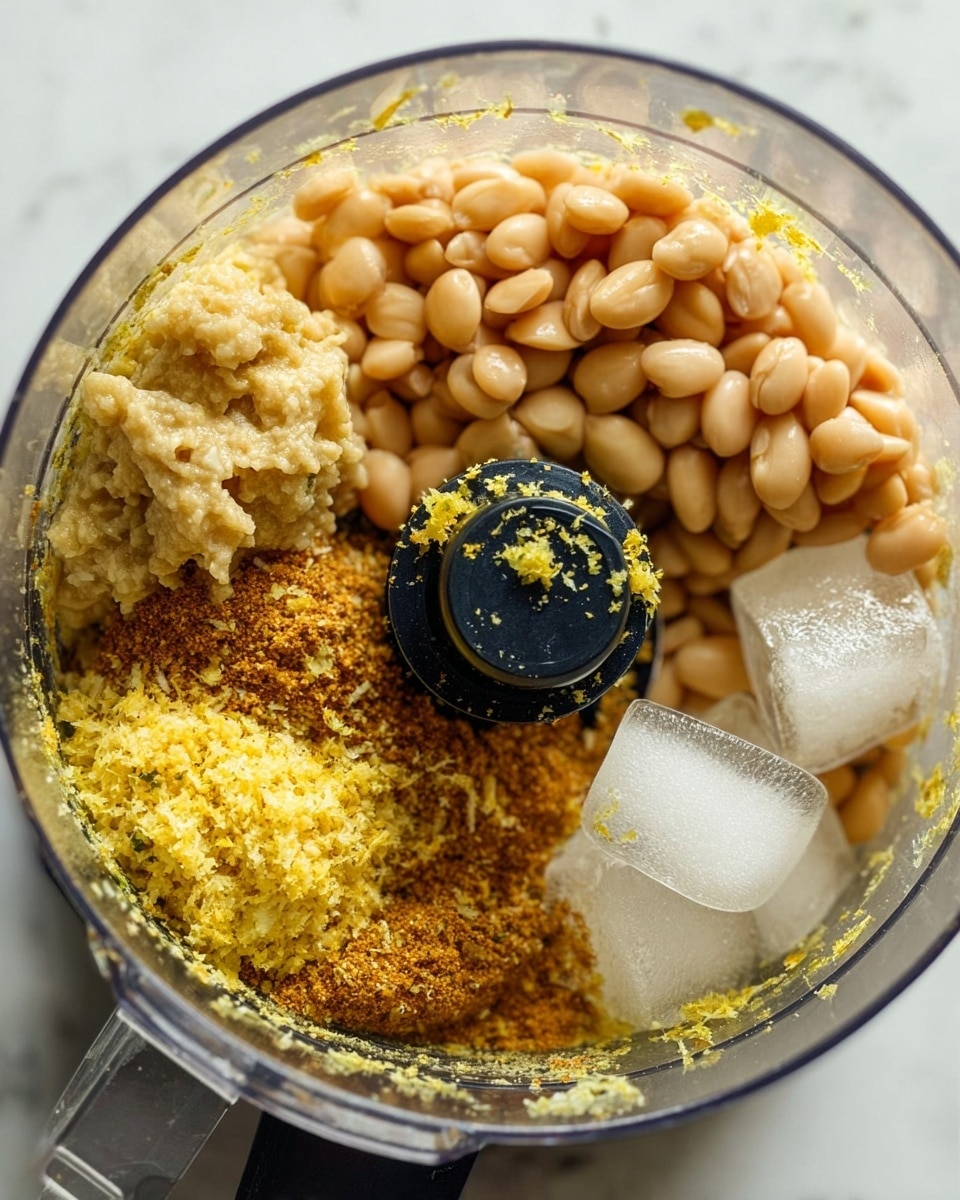 A top view of a clear food processor bowl filled with several layers: pale beige beans scattered on the right side, bright yellow and light brown grated zest and spice powder mixed in the center left, and three large clear ice cubes resting on the lower right side, all sitting above a creamy liquid base. The metal blade of the processor is visible toward the right center, with some yellow zest particles sticking to the black center of the blade. The food processor is placed on a white marbled surface. photo taken with an iphone --ar 4:5 --v 7