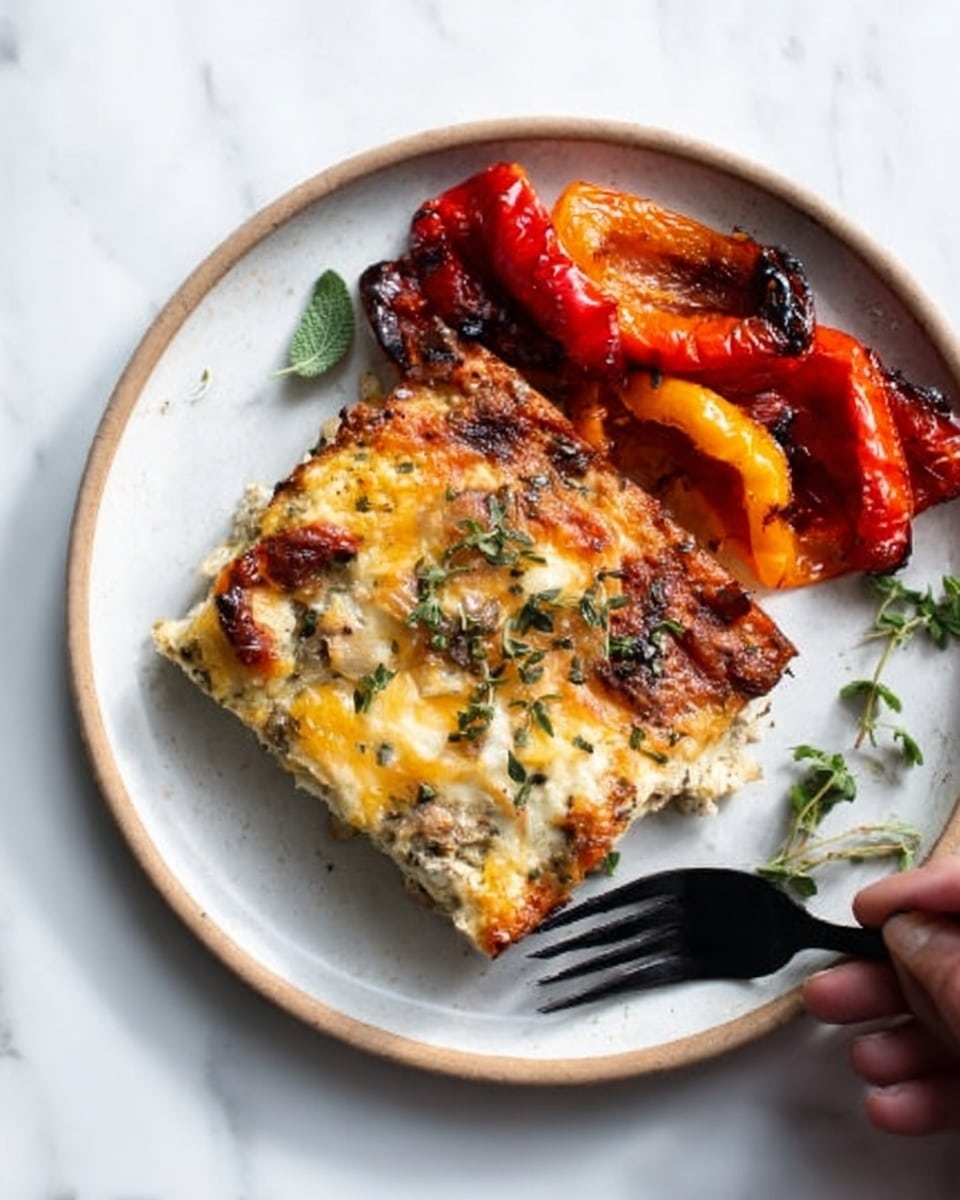 The image shows a white plate on a white marbled surface with a piece of golden brown baked casserole as the main focus, layered with melted cheese and small green herbs on top. Next to the casserole is a section of roasted peppers with mostly red and some orange color, with blackened skin spots and fresh herbs for garnish. A black fork lies on the right side of the plate with a woman's hand reaching toward it. The lighting highlights the texture of the casserole’s crispy top and the roasted peppers’ slightly wrinkled surface. photo taken with an iphone --ar 4:5 --v 7