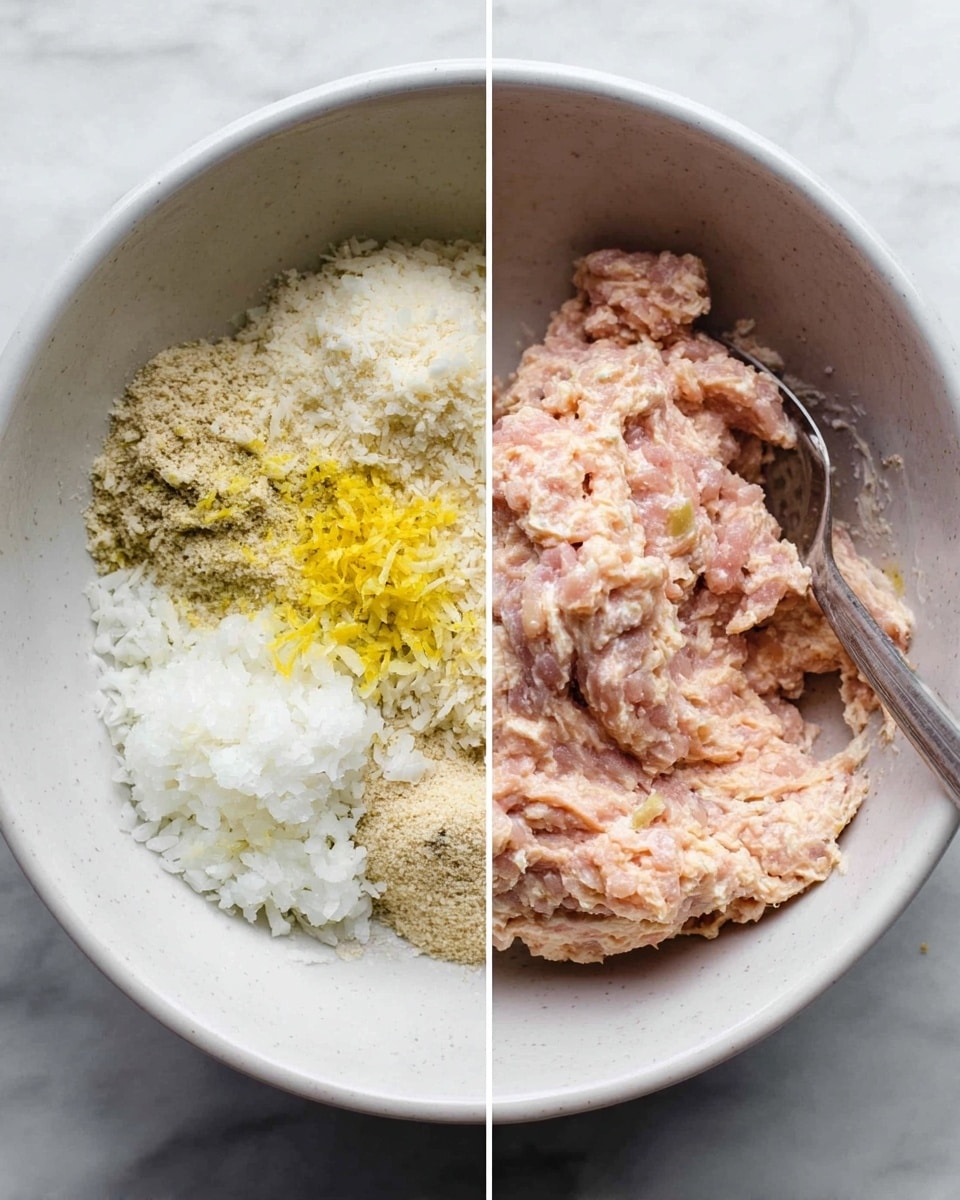 The image shows two side-by-side views of a round white bowl on a white marbled surface. On the left side, the bowl holds separate ingredients arranged in layers: pale pink ground meat at the bottom right, white grated onion on the bottom left, a mound of grated white cheese or tofu at the top left, a pale yellow powder at the top, finely minced light yellow garlic or ginger near the middle, and thin yellow zest on top of the minced section. On the right side, the same white bowl contains the ingredients fully mixed into one pale pink, slightly chunky paste with a spoon sticking into it. The photo was taken with an iphone --ar 4:5 --v 7