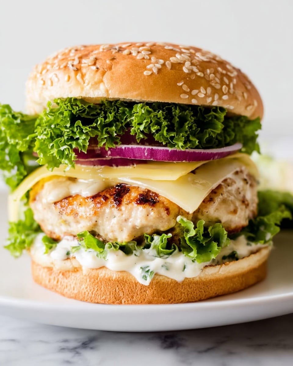 A tall sandwich with five visible layers on a white sesame seed bun, placed on a white plate over a white marbled surface. The bottom layer is a white sauce with herbs spreading over the soft bun. Above it, fresh bright green curly lettuce fills the space. Next is a grilled light golden chicken patty with slight char marks, topped with a melted slice of pale yellow cheese. Another layer of bright green lettuce sits on top of the cheese, followed by a thick ring of raw red onion. More creamy white sauce with herbs is drizzled over the onion, and the sandwich is finished with the top bun, golden brown and dotted with sesame seeds. The photo taken with an iphone --ar 4:5 --v 7