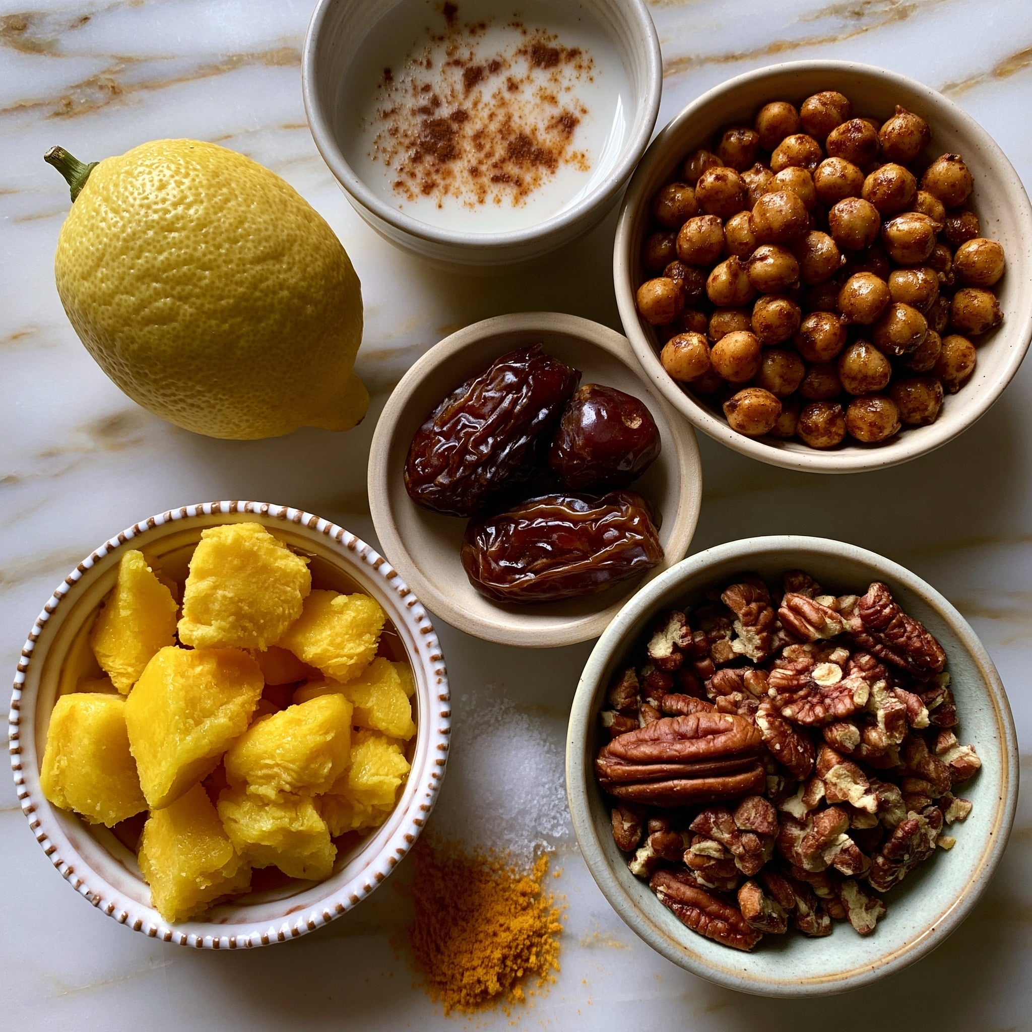 A thick yellow smoothie with a creamy texture fills a clear glass jar with a handle, topped with a sprinkle of crushed nuts that add a rough texture and light brown color on top. The jar is placed on a white marbled surface with small nut pieces scattered around it. Blurred slices of lemon with bright yellow skin are spread across the background, giving a fresh and vibrant look. The overall image is bright and sharp, showing the smoothie's dense and creamy consistency clearly. photo taken with an iphone --ar 4:5 --v 7
