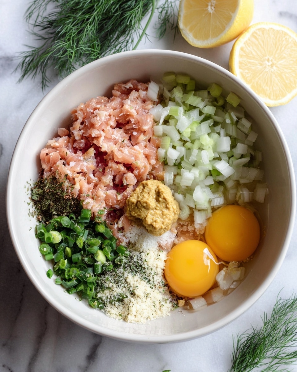 A white bowl holds a mix of colorful ingredients on a white marbled surface. Inside, there are two whole raw eggs with bright yellow yolks positioned on the right side. Next to them, finely chopped green onions and diced white onions form a light green and white cluster. On the left, there is a layer of pink chopped fish. A small dollop of mustard yellow paste lies near the center, surrounded by small heaps of green herbs, black pepper, and white breadcrumbs creating various textured spots. Two halves of a lemon and some green dill sprigs sit nearby on the white marbled surface. photo taken with an iphone --ar 4:5 --v 7