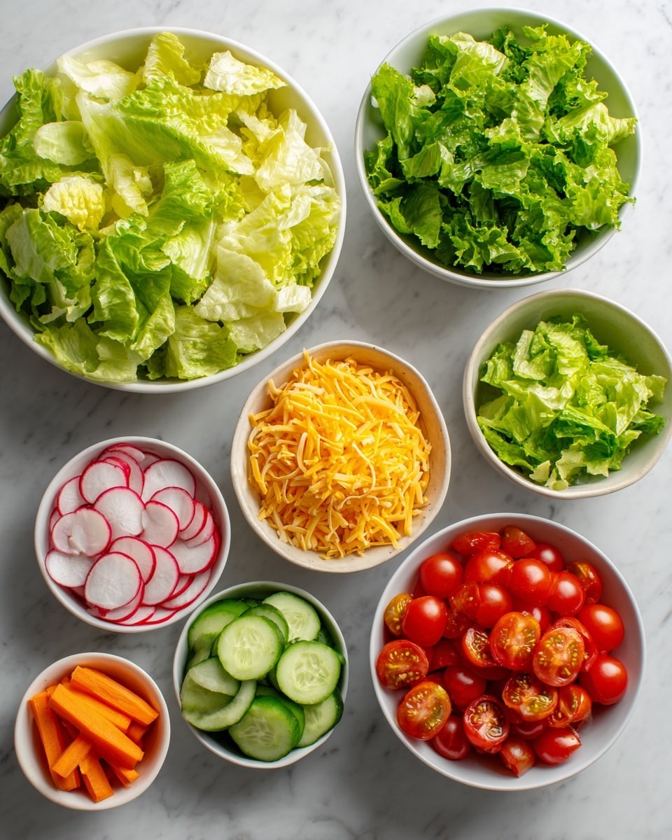 The image shows seven white bowls arranged on a white marbled surface. At the top left, a large bowl is filled with light green, roughly torn lettuce leaves. Next to it on the right, a medium bowl holds darker green, chopped lettuce pieces. Below these, a medium bowl on the right is full of halved small red cherry tomatoes. In the middle, a smaller bowl contains shredded yellow cheddar cheese. To the left of this, a small bowl has thin round slices of red and white radishes. Below, another small bowl is filled with round slices of green cucumber with white centers. Finally, at the bottom right, a small bowl contains thin orange carrot sticks. The overall view is bright and clean, captured from above by a woman's hand holding the camera. Photo taken with an iphone --ar 4:5 --v 7
