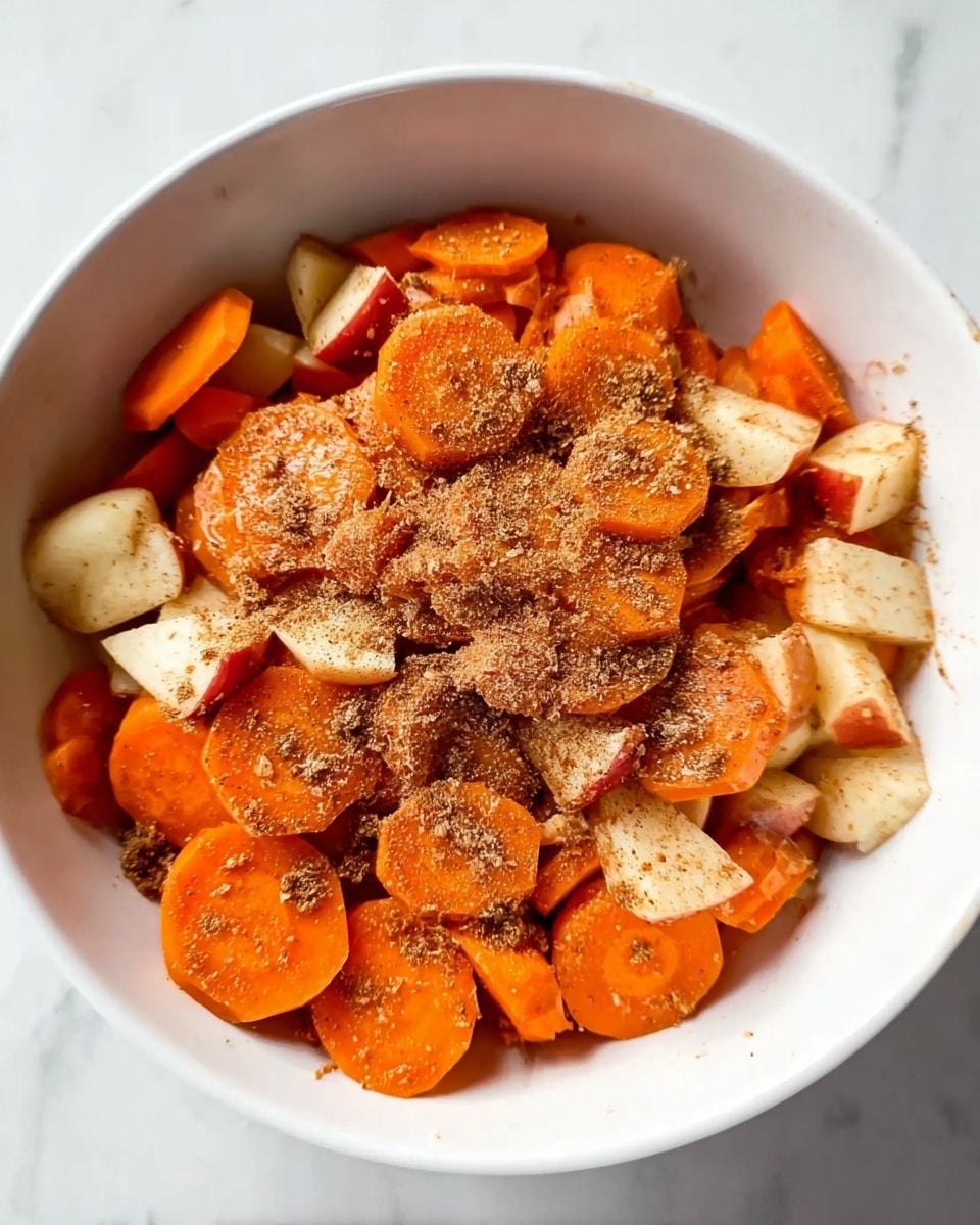 A white bowl filled with two main layers: the bottom layer has bright orange, thinly sliced carrot rounds and small apple chunks with red skin, both mixed together. On top, there are brownish spices sprinkled unevenly, showing a slightly grainy texture and varying shades of brown. The bowl sits on a white marbled surface. Photo taken with an iphone --ar 4:5 --v 7