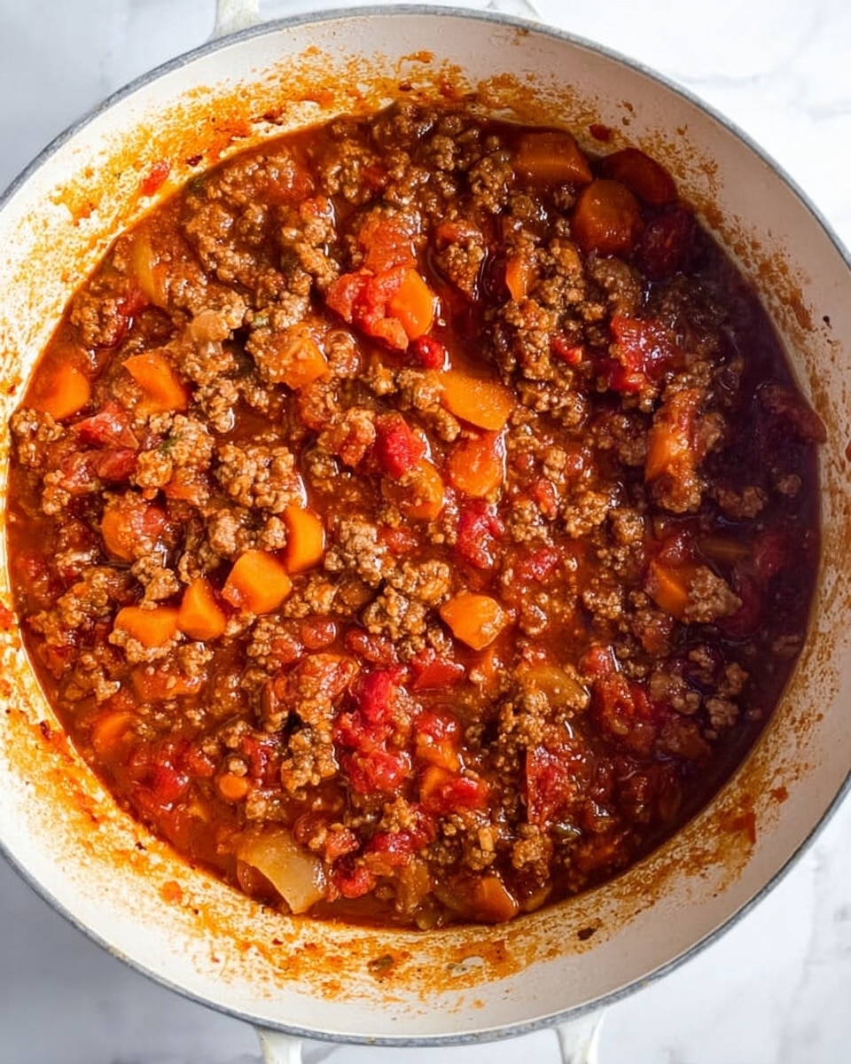 The image shows a white pot filled with a thick stew made of ground meat, irregular chunks of orange carrots, and small pieces of tomatoes in a rich red sauce. The stew appears hot and slightly steamy, with a mix of textures including soft vegetables and ground meat that crumbles. The inside walls of the pot have splashes of the sauce, showing some cooking activity. The scene is set on a white marbled surface. photo taken with an iphone --ar 4:5 --v 7