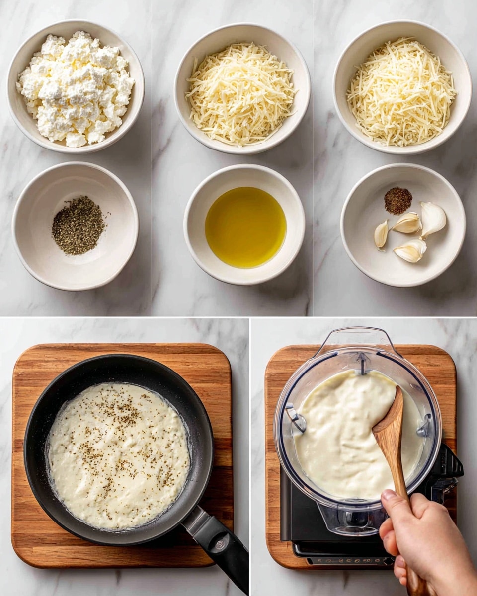 The image shows a six-step cooking process set on a white marbled surface. Step 1 displays various ingredients in white bowls: one bowl of cottage cheese, one with a light yellow shredded cheese, a small bowl with olive oil, a small bowl with milk, and some garlic cloves next to a small dish of black pepper. Step 2 shows a blender with the same ingredients – shredded cheese, cottage cheese, black pepper, milk, and olive oil – layered from left to right inside the blender. Step 3 presents a black pan on a wooden board with melted garlic and olive oil, and a wooden spoon stirring it. Step 4 displays the blender filled with a smooth white mixture. Step 5 shows a black pan on a wooden board with the white creamy mixture spread inside, while a woman's hand is using a wooden spatula to spread it evenly. Step 6 shows a close-up of a black pot with a light cream sauce being stirred by a woman's hand holding a whisk. Photo taken with an iphone --ar 4:5 --v 7