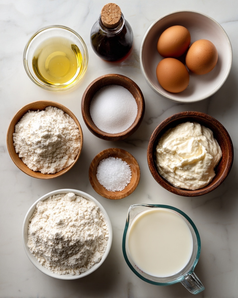 The image shows nine small containers arranged on a white marbled surface, each holding a different baking ingredient. In the top right, a white bowl holds two brown eggs. To the left, a small glass bowl contains light yellow oil. Below the oil, a dark brown bottle of vanilla extract stands upright. Near the center, a small wooden bowl has white sea salt, and next to it is another small wooden bowl with white baking soda or powder. Toward the bottom left, a white bowl is heaped with white flour, and just above it is a small clear glass bowl filled with white sugar. At the bottom right, a white liquid measuring cup holds whole milk, and in the center, a white bowl contains thick sourdough discard. All containers and ingredients are shown clearly with soft natural light. Photo taken with an iphone --ar 4:5 --v 7