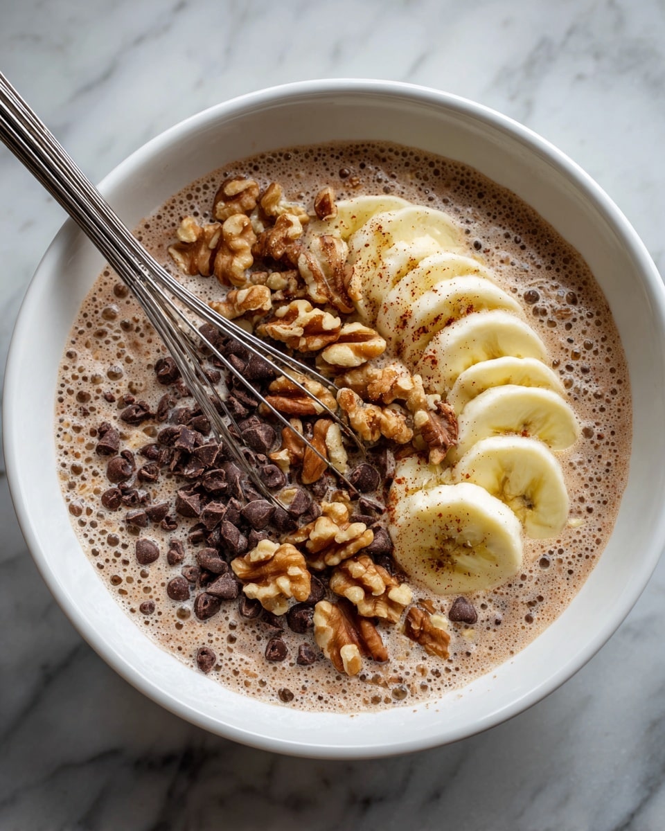 A white bowl filled with a mixture of oats and almond milk showing a bubbly light brown liquid base. On top, there are three layers of sliced banana pieces, scattered chopped light brown walnuts, and small dark brown chocolate chips. The mixture also has visible powdery spices spread lightly across the top. A silver whisk rests inside the bowl on the left side with its handle extended out. The bowl is placed on a white marbled surface. photo taken with an iphone --ar 4:5 --v 7