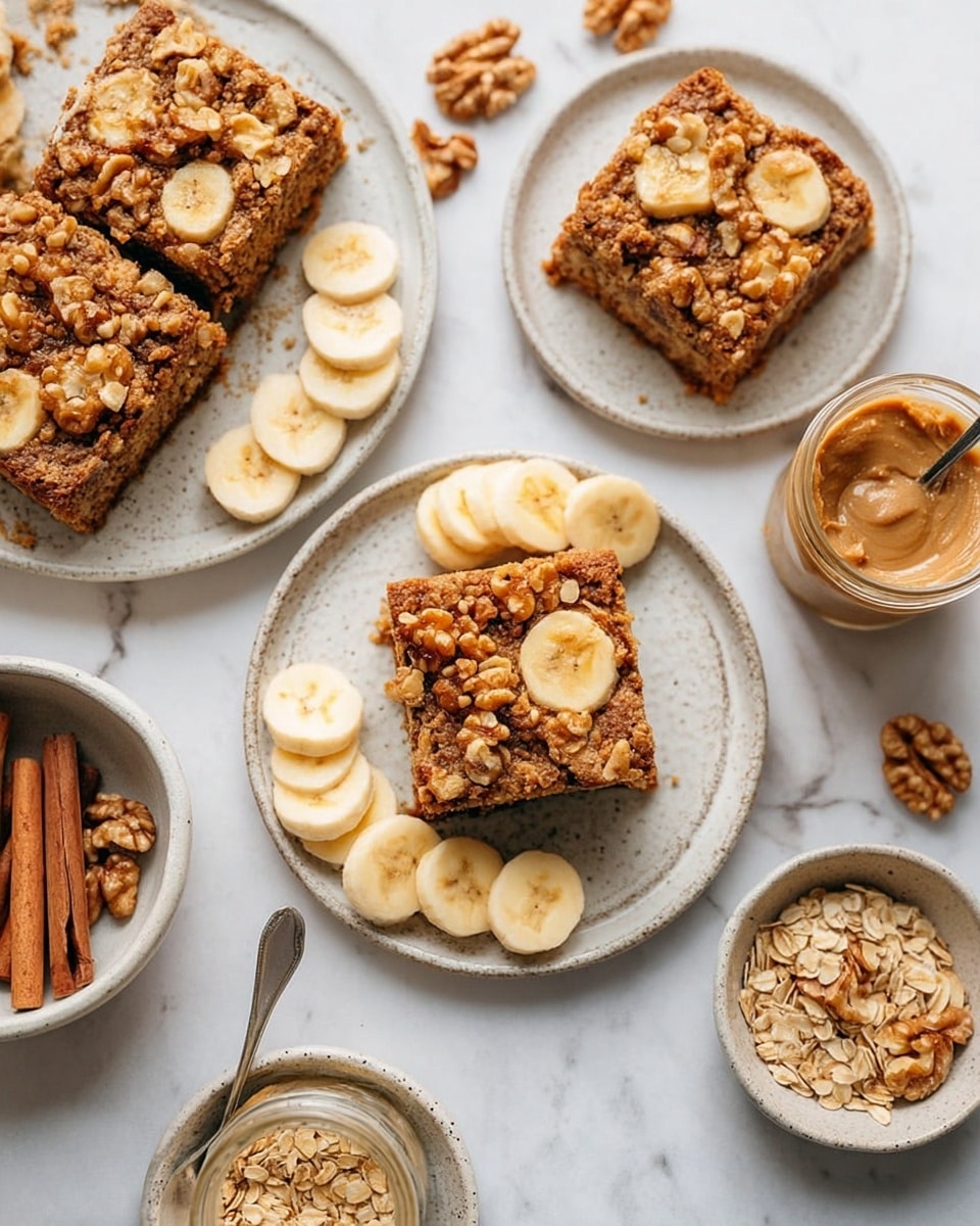 The image shows three white plates with rough edges, each holding a square slice of oat-based baked good topped with a visible banana slice and some chunks of nuts. On each plate, beside the square piece, there are several round slices of banana arranged neatly. The surface under the plates is white with a marbled texture. Around the plates, there are bowls containing a mix of oats and walnuts, a jar of cinnamon sticks, and a jar with a light brown spread and a spoon inside. The overall look is clean and natural, with warm, earthy tones of the baked good contrasted by the creamy pale banana slices photo taken with an iphone --ar 4:5 --v 7