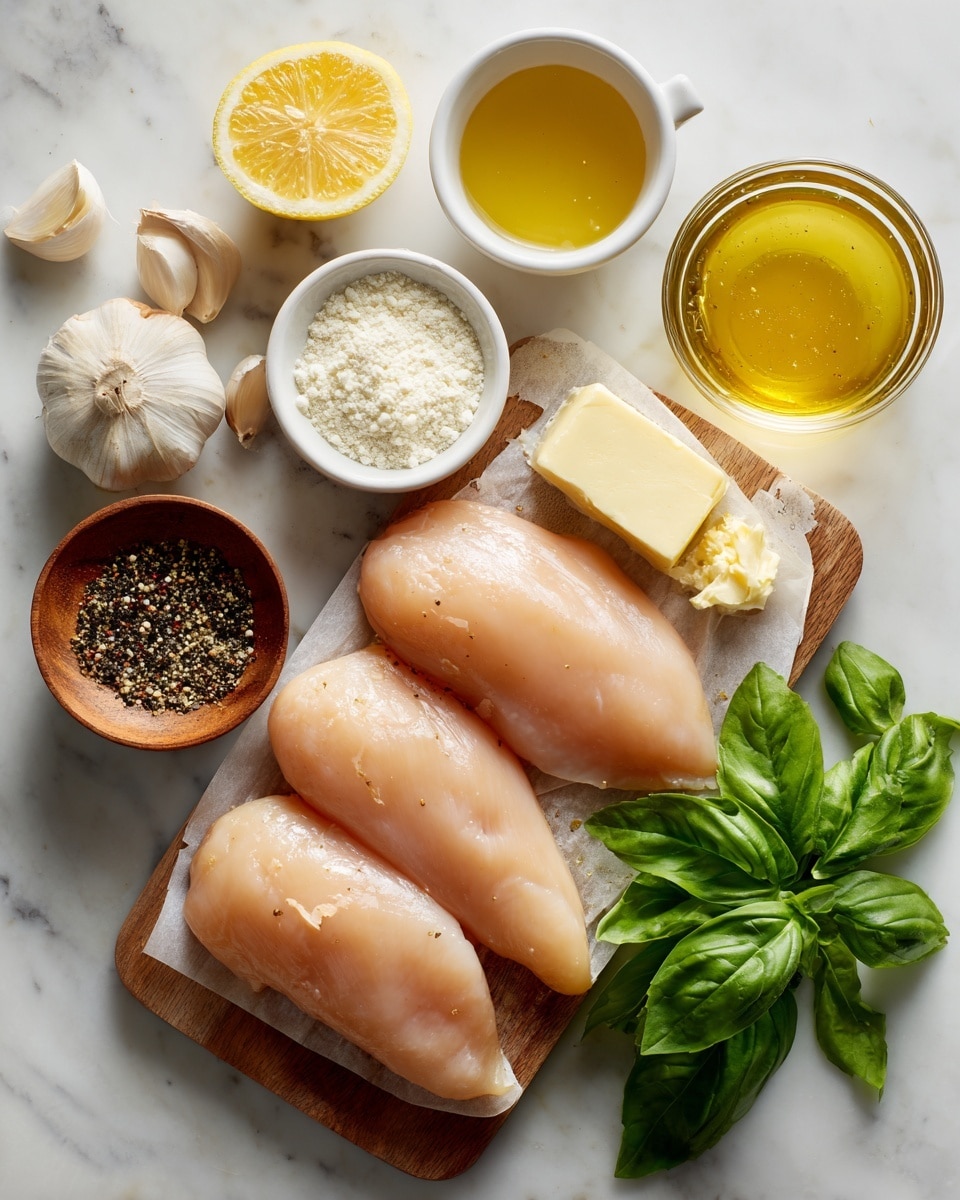The image shows a white cutting board placed on a white marbled surface, holding raw chicken breasts in the bottom right corner with a smooth, pale pink texture, next to a small wooden bowl of black pepper with a dark grainy texture on the bottom left. Above the chicken are a small white bowl of coarse white salt, and a small white dish with a pale yellow square of butter. Near the top right corner is a small white cup filled with shiny golden olive oil, next to a small clear glass bowl with golden chicken stock. On the top left are two garlic cloves with a light beige color, a half lemon with bright yellow skin and juice, a small bowl of white flour, and a small bowl of fresh bright green basil leaves. The entire scene is lit brightly and neatly arranged. Photo taken with an iphone --ar 4:5 --v 7