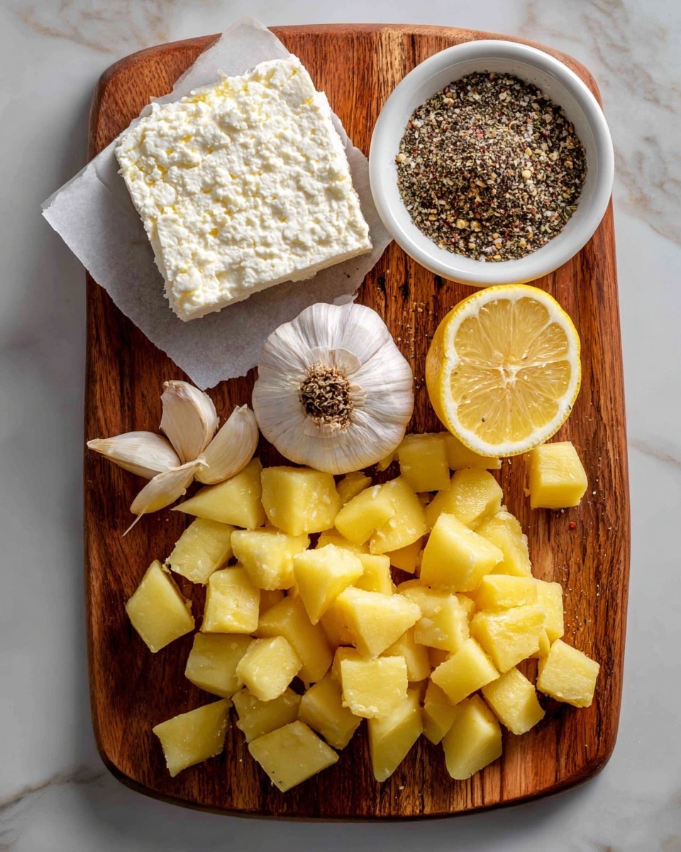 The image shows a wooden cutting board with four main items arranged on it. At the top left is a flat block of white feta cheese on white paper. At the top right, there is a small white bowl filled with mixed dry seasonings in black and white colors. In the center below the bowl, a halved head of garlic with visible cloves sits. To the right of the garlic is half a yellow lemon with a cut surface facing up. A second half lemon is placed near the bottom left of the board. The bottom area has a pile of chopped yellow potatoes in cube shapes and some wedge shapes scattered around. The background is a white marbled surface. photo taken with an iphone --ar 4:5 --v 7