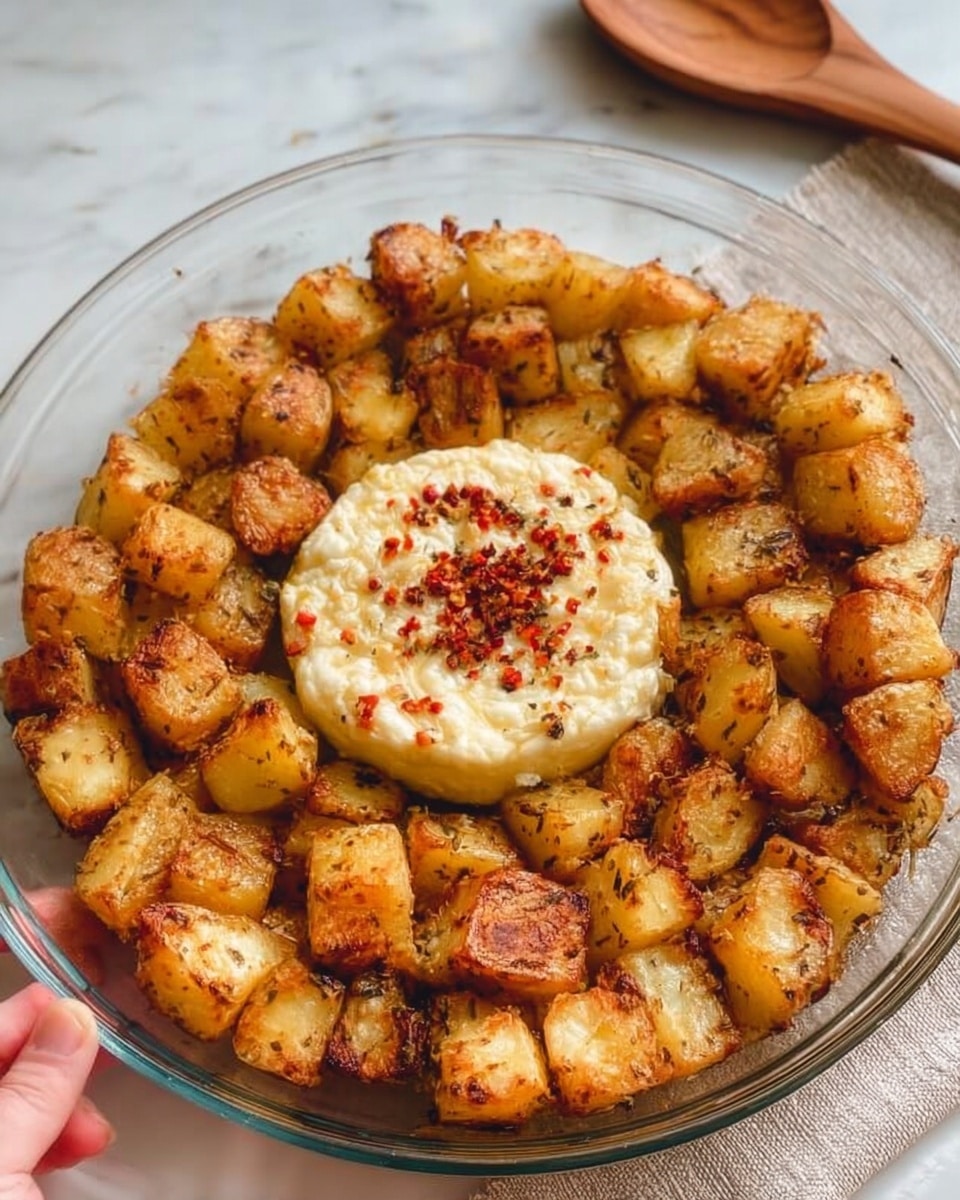 The image shows a clear glass round dish filled with golden-brown roasted potato cubes arranged in a single layer around the edges, with a soft, round block of cheese in the center topped with red pepper flakes. The potatoes have a crispy texture with some darker browned spots and a light seasoning visible on them. The dish sits on a white marbled surface with a wooden spoon and a towel nearby. A woman's hand is holding the edge of the glass dish. Photo taken with an iphone --ar 4:5 --v 7