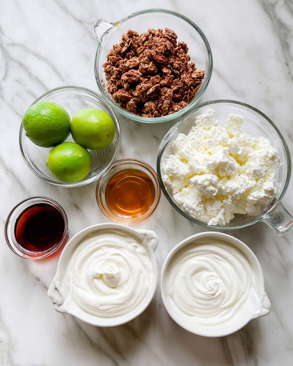 The image shows six clear glass and white measuring cups arranged on a white marbled surface. One white measuring cup near the top right is filled to the top with white cottage cheese, showing a chunky texture. Below it, another white measuring cup is filled with creamy white yogurt with smooth, soft peaks on the surface. At the top center, there is a white measuring cup filled with chunky, brown granola. To the left, a small clear glass bowl holds three whole bright green limes, with two lime halves placed in front of it showing their fresh green inside. To the top left, a small clear bowl contains a dark brown syrup or sauce. Lastly, another white measuring cup filled with amber liquid, likely syrup, is placed near the yogurt. The ingredients are arranged neatly with plenty of space between each item, all set on the white marbled surface. photo taken with an iphone --ar 4:5 --v 7