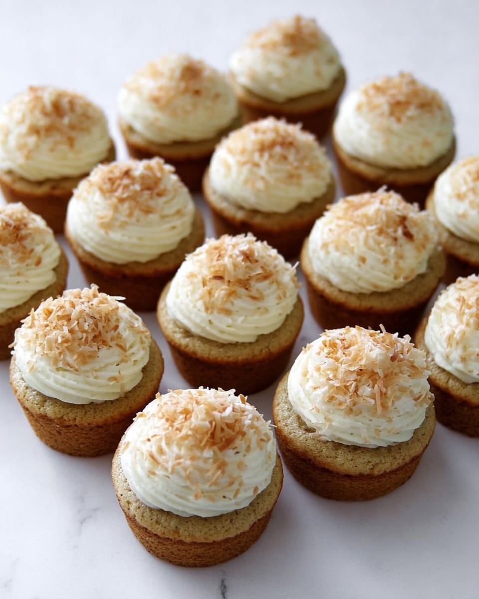 Twelve cupcakes are arranged in four rows on a white marbled surface, each cupcake having one visible layer of light brown cake topped with a thick layer of white creamy frosting. The frosting is swirled in circular patterns, creating a soft textured dome shape on each cupcake. On top of the frosting, there is a sprinkle of toasted, slightly golden brown shredded coconut, adding a bit of texture and color contrast. The cupcakes have a soft, moist look, and the overall scene is bright and clean. photo taken with an iphone --ar 4:5 --v 7