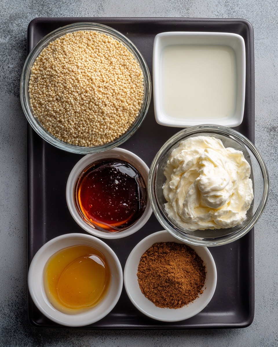 The image shows six small containers arranged on a dark baking tray with a white marbled texture background. The top left container is a measuring cup filled with light beige quinoa grains, textured and round. In the center is a white rounded square bowl holding smooth, white milk. To the top right, a clear glass bowl contains a dollop of thick, creamy white mascarpone cheese with soft, swirled texture. Below it, another clear glass bowl holds amber-colored, glossy maple syrup with a smooth surface. At the bottom left, a small white bowl contains light golden vanilla liquid, clear and shiny. Next to it on the right, a small white bowl contains fine, brown cinnamon powder with slight clumps. Each ingredient is clearly visible and distinct in texture and color. photo taken with an iphone --ar 4:5 --v 7