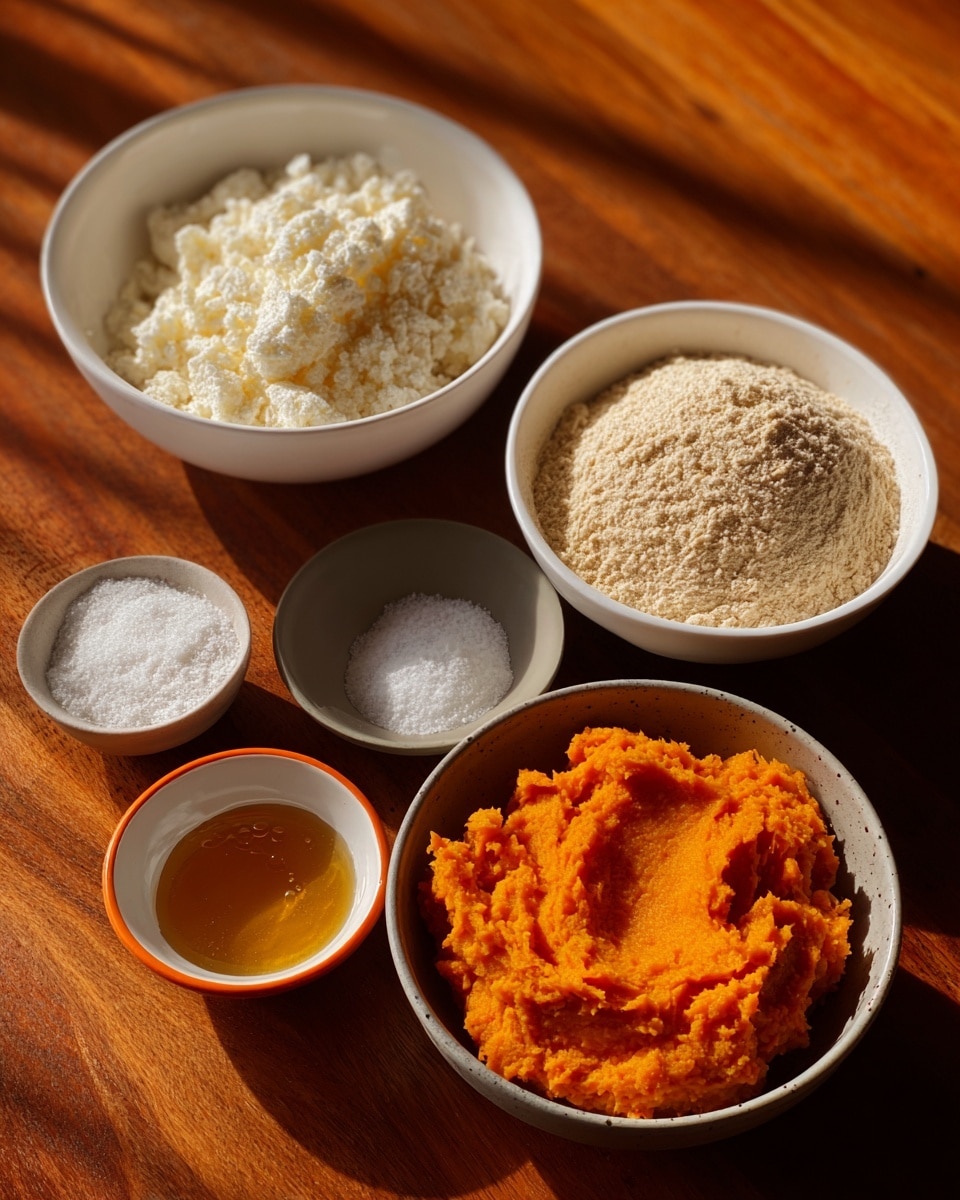 The image shows six bowls arranged on a wooden surface with different ingredients. The largest white bowl at the top right holds a pale beige powder labeled almond flour, with a slightly coarse texture. Below it, a large white bowl filled with bright orange mashed sweet potato has a smooth, soft texture. To the left, another large white bowl contains fine white tapioca starch, looking fluffy and powdery. At the top right, a small white bowl with an orange rim holds a small mound of white baking soda powder. Below it, a small white bowl with an orange rim contains a pinch of fine white salt. Near the center, a small grayish-white bowl is filled with thick and shiny golden honey. The background is a warm wood surface casting some shadows from sunlight. photo taken with an iphone --ar 4:5 --v 7