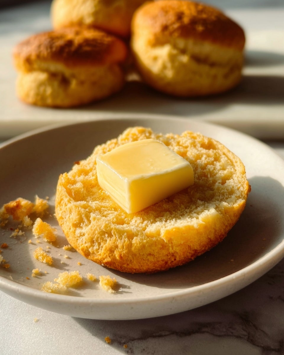 A close-up image of a small round golden brown biscuit that is split open, with the bottom half topped by a square slice of pale yellow butter, sitting on a white plate. The biscuit has a soft and crumbly texture, with crumbs scattered around it on the plate. In the background, there are three more whole biscuits slightly out of focus, resting on a white marbled surface. The lighting is warm and natural, casting soft shadows. Photo taken with an iphone --ar 4:5 --v 7