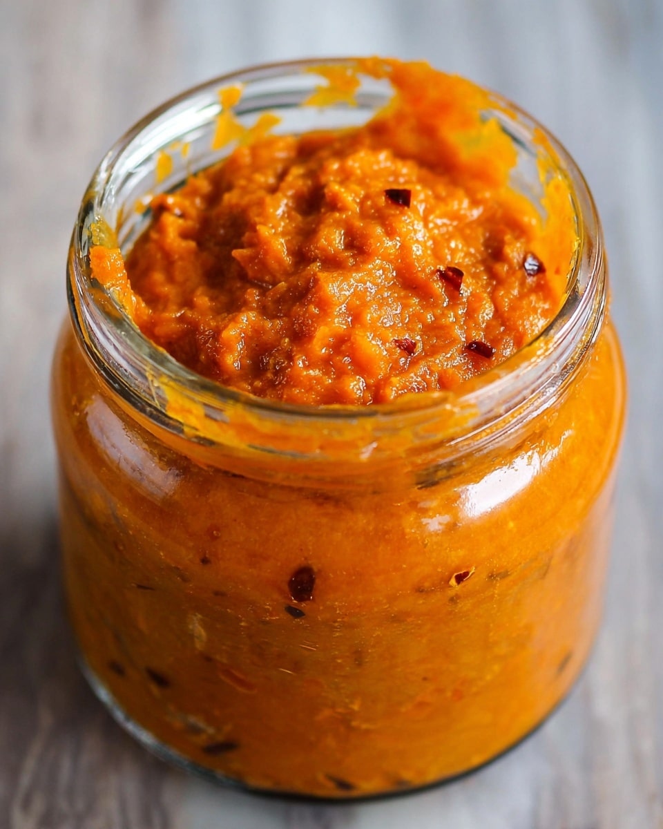 A close-up image of a tall clear glass jar filled with thick, chunky orange sauce or paste. The sauce has visible small dark specks, giving it a textured look. The jar is open, showing the sauce sticking lightly around the inside rim. The background is a white marbled texture. photo taken with an iphone --ar 4:5 --v 7