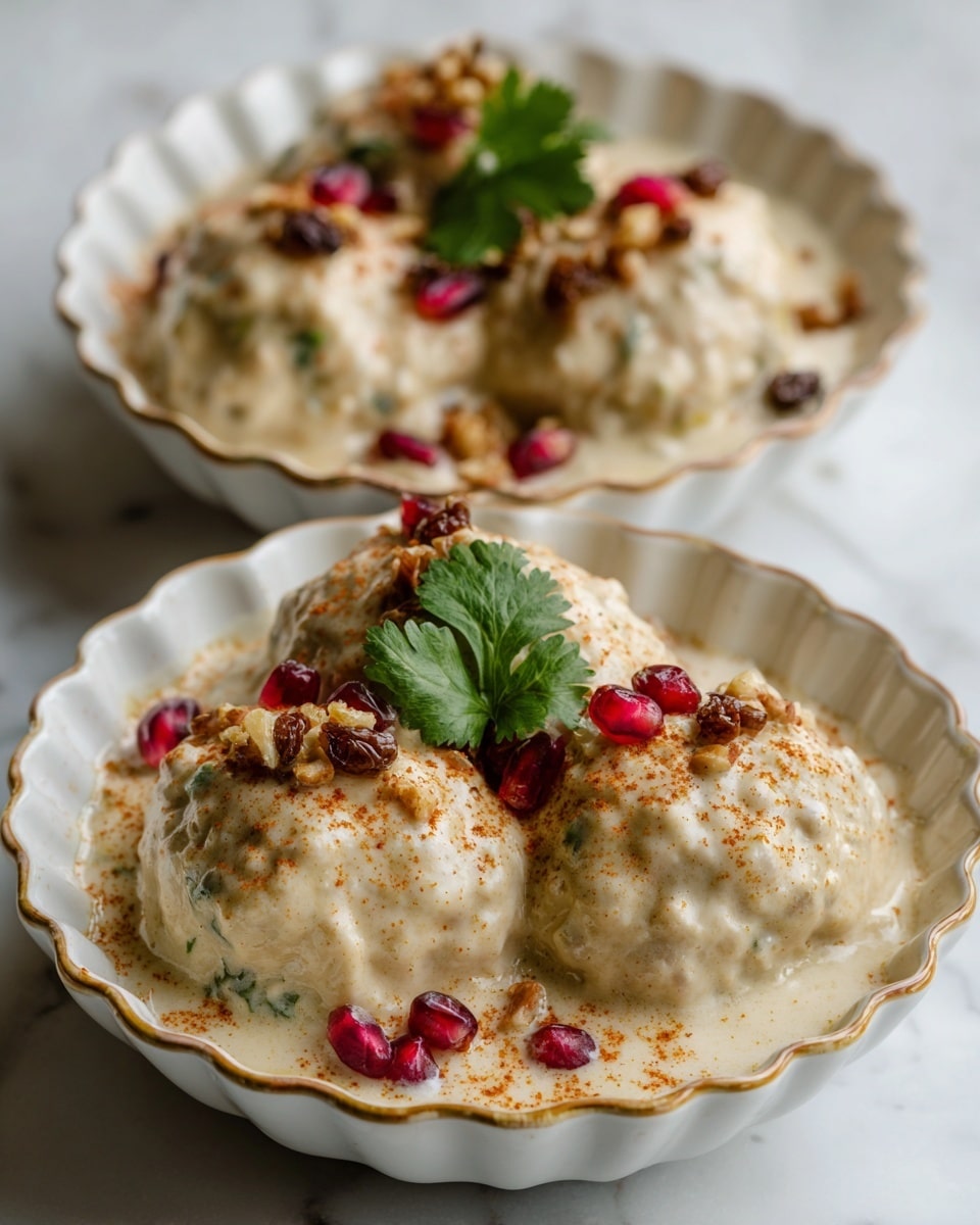 The image shows two white, round, shallow bowls filled with three round brownish dumplings each, covered with a thick layer of creamy white sauce that has visible black specks. The sauce is topped with sprinkled orange-red powder, small light pink pomegranate seeds scattered across, a few dark brown raisins, and a fresh green coriander leaf placed in the center of the closest bowl. The bowls sit on a white marbled surface with soft lighting that highlights the textures and colors of the dish photo taken with an iphone --ar 4:5 --v 7