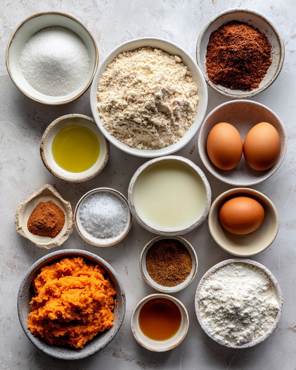 The image shows twelve small bowls and two eggs arranged on a white marbled surface. Starting from the top left, there is a white bowl with white powder labeled Tapioca Starch, next to it is a larger white bowl filled with a light beige powder labeled Almond Flour. To the right, a white bowl holds dark brown granules labeled Coconut Sugar, and beside that are two brown eggs. Below the Tapioca Starch, a white bowl contains yellowish oil, and next to it, a white bowl with a light beige liquid labeled Almond Milk. In the center, a small white bowl with bright orange mashed Sweet Potato is visible. Below that, a dark bowl with white powder labeled Baking Powder, to the right of which is a small white bowl containing vanilla brown liquid labeled Vanilla. A small white bowl next to it holds four ground spices – light yellow ginger, medium brown cinnamon, and darker brown nutmeg. Between the eggs and Vanilla bowl is a small bowl with salt. The overall scene is neat and organized with a clear view of all ingredients, the colors ranging from white, beige, brown, orange, and hints of yellow and dark shades. photo taken with an iphone --ar 4:5 --v 7