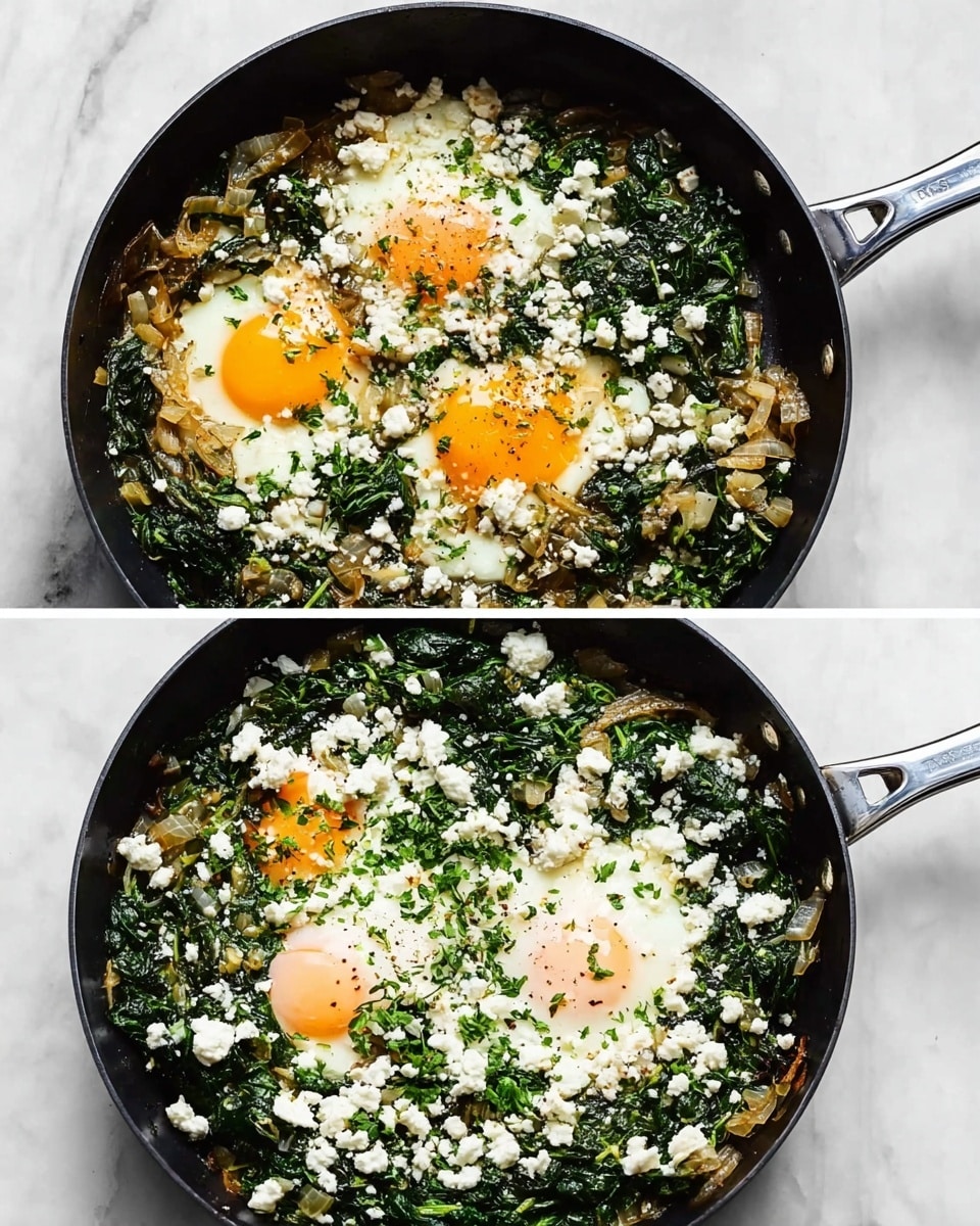 A black frying pan filled with cooked spinach and sautéed onions forms the base layer, with four eggs placed on top, their yolks bright yellow and the whites still clear in one image and fully cooked and white in the other. Crumbled white cheese is sprinkled over the eggs, adding texture, while small green herb flakes are scattered across the surface. The pan rests on a white marbled texture background with a silver handle extending outwards. photo taken with an iphone --ar 4:5 --v 7