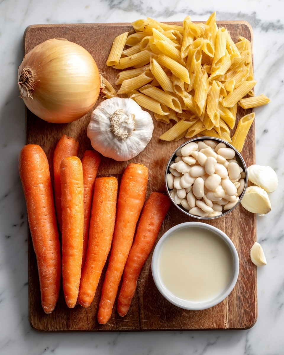 The image shows ingredients neatly placed on a wooden cutting board on a white marbled surface. There are five bright orange carrots lined up on the left side, a round yellow onion below them, and four peeled garlic cloves beside the onion. On the right side, an opened packet spills yellow pasta penne, with a small white cup of creamy tahini above it. A small white bowl filled with white beans sits beside the tahini, and above the beans is an open tin of white coconut milk with a smooth, thick surface visible. Each ingredient is clearly separated and labeled with black text. Photo taken with an iphone --ar 4:5 --v 7