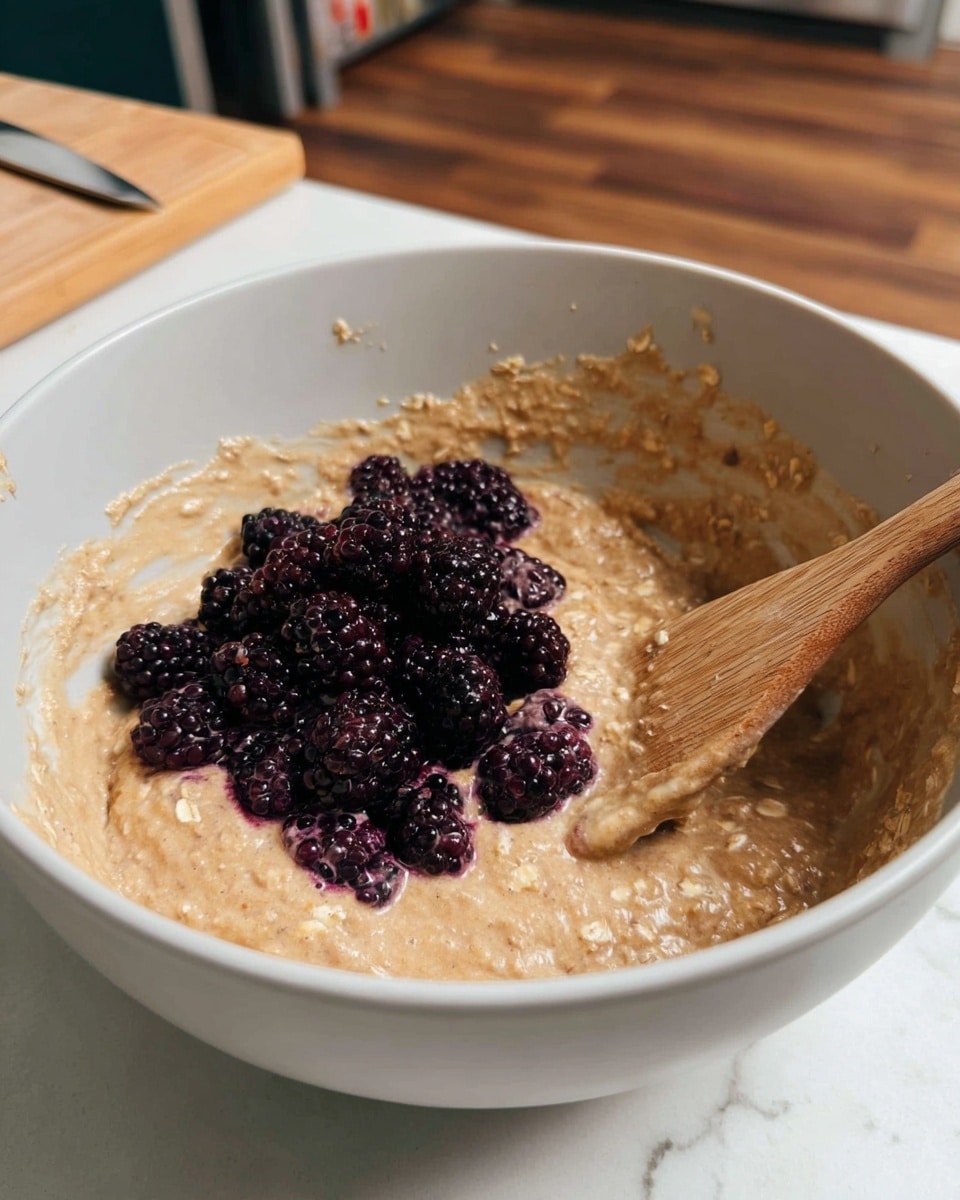 A white mixing bowl filled two-thirds with a light brown thick batter that has visible oat flakes mixed throughout. On top of the batter is a small pile of dark purple-black blackberries. A wooden mixing spoon is partially buried in the batter on the right side of the bowl, with some batter sticking to the spoon. The bowl sits on a white marbled countertop, and the background shows a blurred kitchen floor with brown wooden planks. photo taken with an iphone --ar 4:5 --v 7