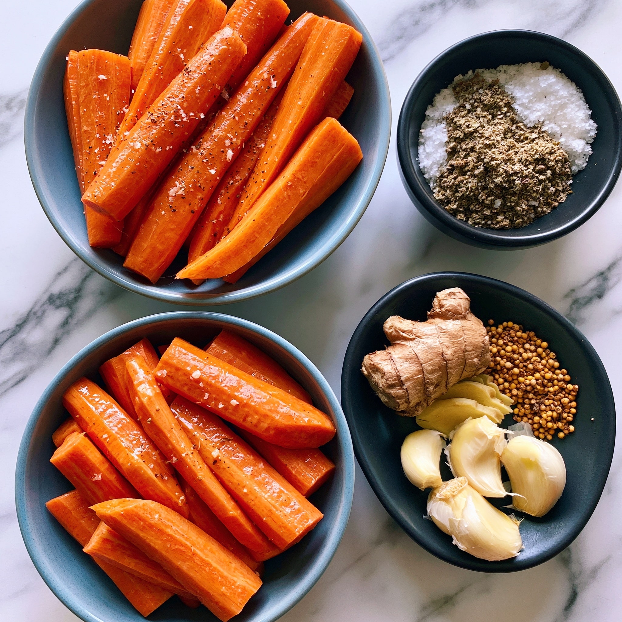 A white bowl filled with thin, bright orange carrot ribbons that look soft and slightly shiny, showing curled and loose layers piled high. A silver spoon is placed inside the bowl on the right side. In the blurry background, there are two jars, also filled with shredded carrots, all set on a surface with a white marbled texture. The colors are warm and inviting, focusing on the fresh, vibrant orange of the carrots photo taken with an iphone --ar 4:5 --v 7