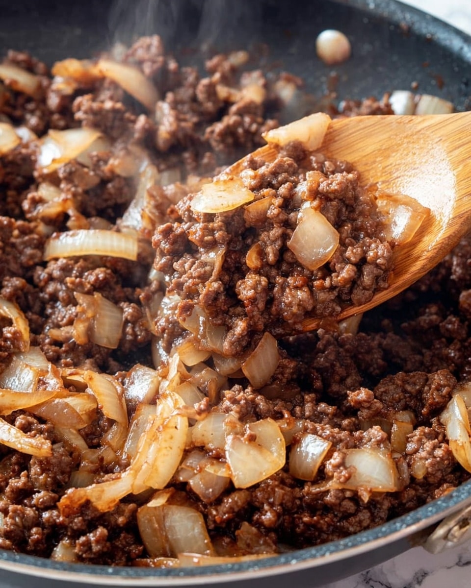 A close-up view of a pan filled with cooked ground beef and onion pieces. The ground beef is brown and crumbly, mixed with translucent, slightly browned onion chunks scattered evenly throughout. A wooden spoon lifts a large scoop of the mixture, showing the texture and the combination of the two main ingredients. The background is a white marbled texture. The image looks warm and inviting, with steam rising from the pan photo taken with an iphone --ar 4:5 --v 7