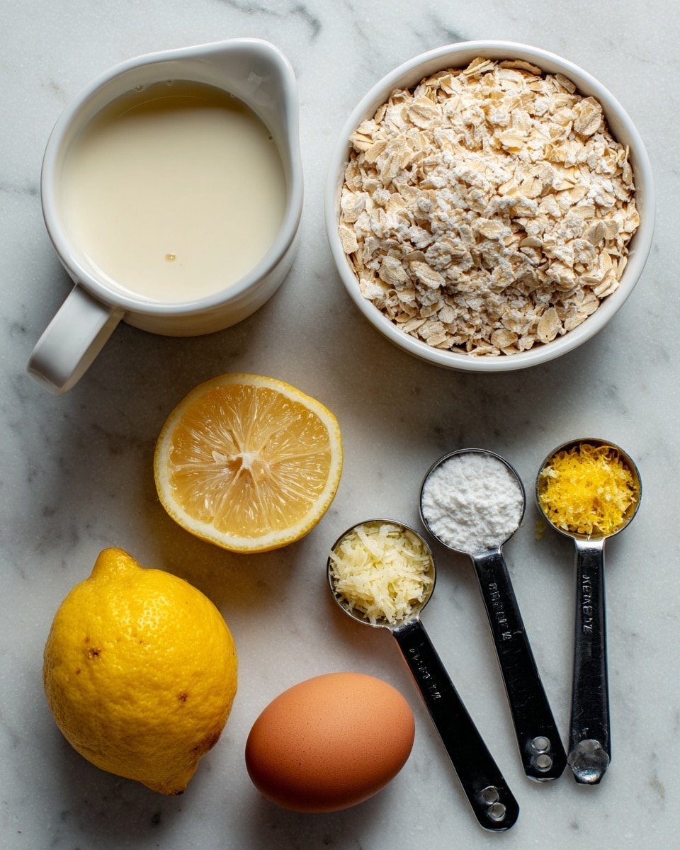 The image shows several ingredients placed neatly on a white marbled surface. There is a white ceramic measuring cup filled halfway with light beige milk, positioned in the top left. To the right, a white ceramic measuring cup holds oatmeal flakes, light brown and textured. Below the oats are three black-handled metal measuring spoons arranged vertically, containing a white sweetener, bright yellow lemon zest, and white baking powder. On the left side, two lemon halves with bright yellow flesh and textured peel rest near the bottom, next to a single brown egg with a smooth shell. The ingredients are labeled with black and white text. Photo taken with an iphone --ar 4:5 --v 7