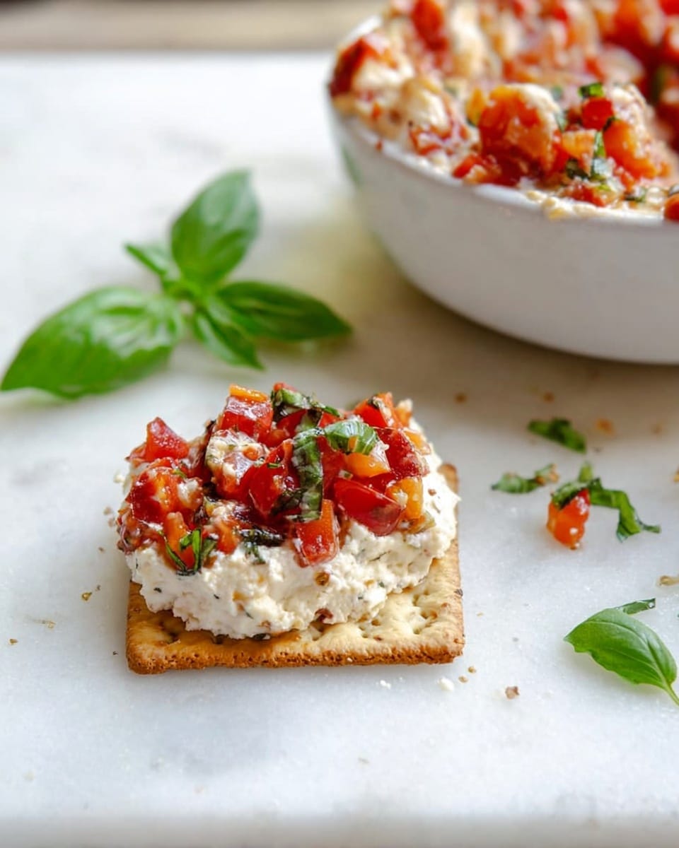 A small cracker lies on a white marbled surface, topped with three visible layers: a bottom layer of small seeds embedded in the cracker, a middle creamy white layer of cheese spread, and a top layer with bright red diced tomatoes mixed with small green herb pieces. Around the cracker, a few fresh green basil leaves and scattered tiny herb bits are placed. In the background, a white bowl holds more of the chunky tomato and cheese mix with visible green herbs. The overall colors are soft white, bright red, and green, with a natural, fresh texture. photo taken with an iphone --ar 4:5 --v 7