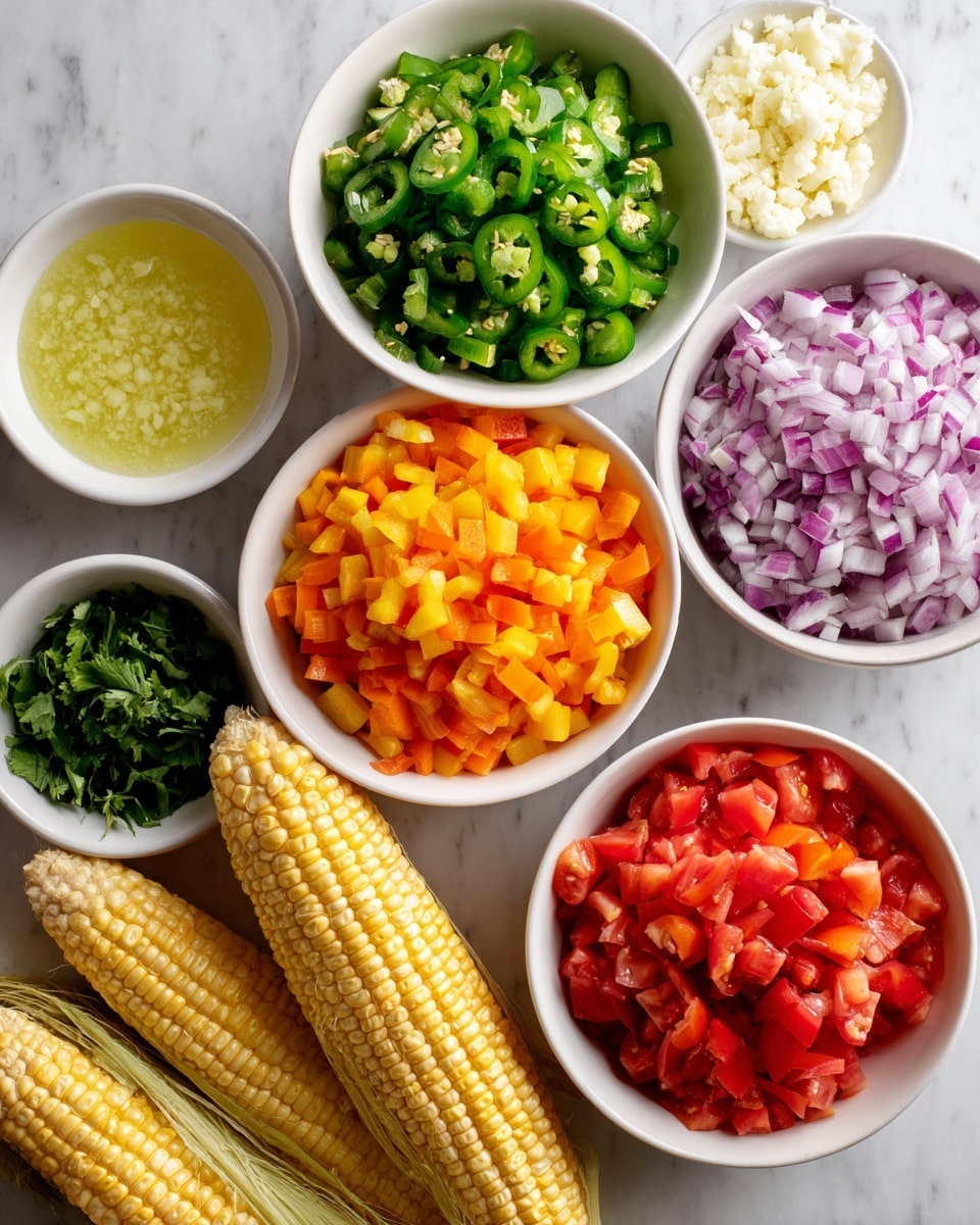 The image shows several white bowls and two corn cobs arranged on a white marbled surface. There is a small white bowl of light green-yellow lime juice at the top left, next to a white bowl filled with chopped green jalapeño pieces. Below them, a larger white bowl contains finely chopped red onion with a pale purple color. To the right, there is another white bowl filled with bright orange diced bell pepper. A small white bowl near the center has finely minced garlic with a creamy pale color, and next to it is a white bowl filled with chopped fresh green cilantro. At the bottom right, a larger white bowl holds diced juicy red tomatoes. Two fresh corn cobs with pale yellow kernels and green husks rest on the bottom left, completing the colorful arrangement. Photo taken with an iphone --ar 4:5 --v 7