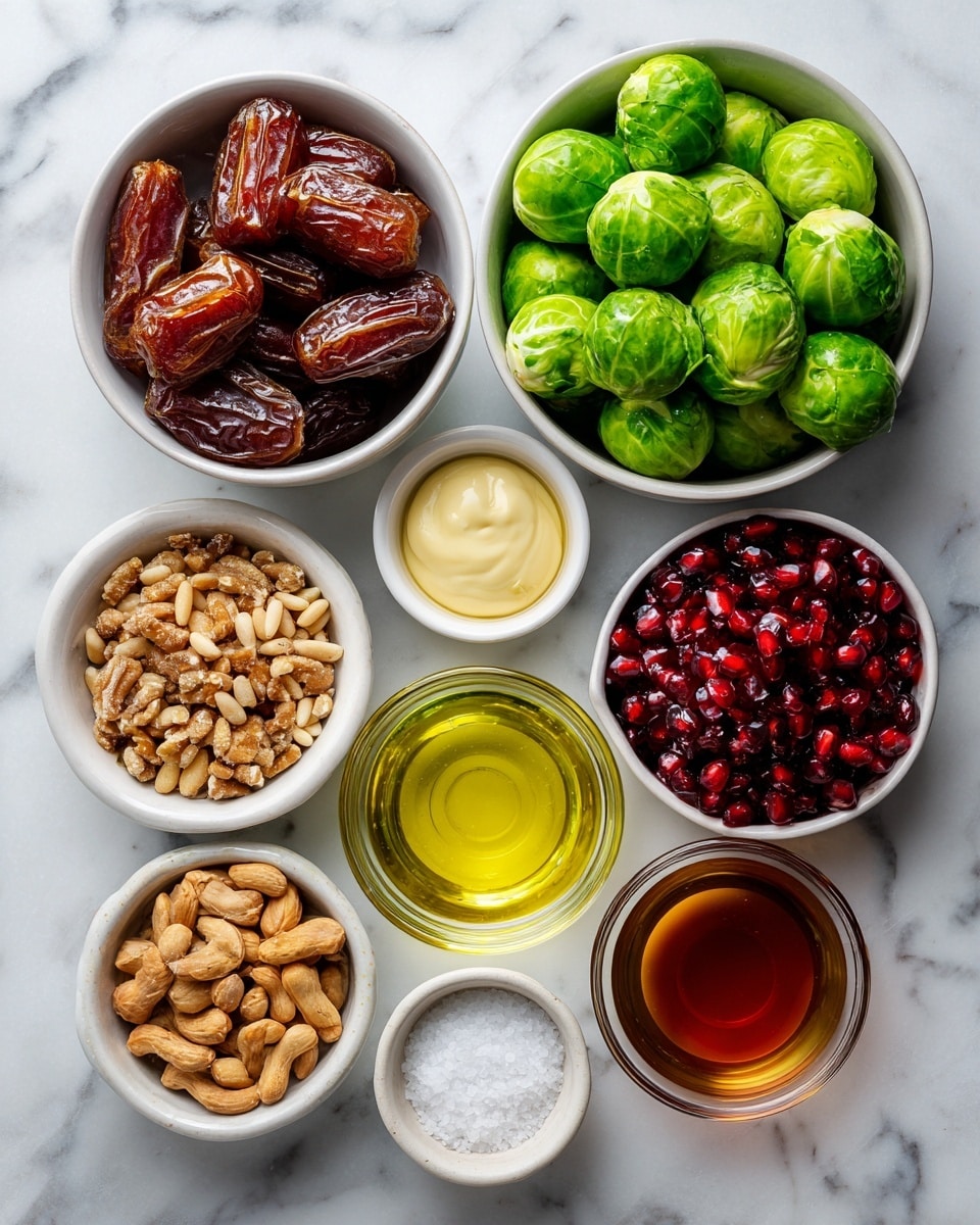 The image shows an overhead view of nine small white bowls arranged neatly on a white marbled surface, each filled with different ingredients. The largest bowl at the top right contains fresh, whole green Brussels sprouts with a smooth texture. To the left of it is a medium-sized bowl filled with sliced brown dates, showing their soft, sticky texture. Below the dates is a smaller bowl of light tan pine nuts, which are small and oval-shaped. To the right of the pine nuts is another medium bowl filled with shiny, deep red pomegranate arils, densely packed. Moving downward, a clear glass container holds golden-yellow olive oil with a smooth, oily surface. Next to it is a small white bowl containing creamy pale yellow Dijon mustard with a soft texture. Below that is a similar bowl with amber-colored maple syrup, translucent and glossy. To its right, another bowl contains light brown apple cider vinegar, smooth and clear. Finally, a small bowl at the bottom center holds fine white salt. The ingredients are spaced evenly and photographed clearly, emphasizing their colors and textures. Photo taken with an iphone --ar 4:5 --v 7