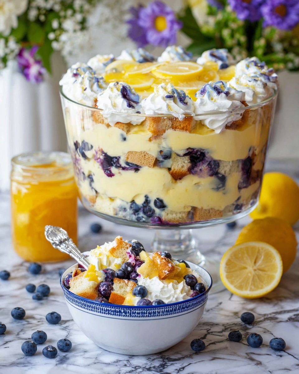 A large clear glass bowl filled with a dessert having four visible layers: at the bottom, bright yellow lemon curd, then a layer of pale creamy custard with scattered dark blue blueberries, followed by a layer of golden brown cake cubes, another layer of creamy custard mixed with blueberries, and the top layer of thick white whipped cream decorated with blueberries and yellow lemon slices. In front, a white bowl with a blue rim holds a serving of the dessert with mixed blueberries, cake pieces, creamy custard, and a swirl of white whipped cream on the side. The setting includes a white marbled surface with loose blueberries, a cut lemon, a jar of yellow lemon curd, purple flowers, and a white vase with lemon fruit. Photo taken with an iphone --ar 4:5 --v 7