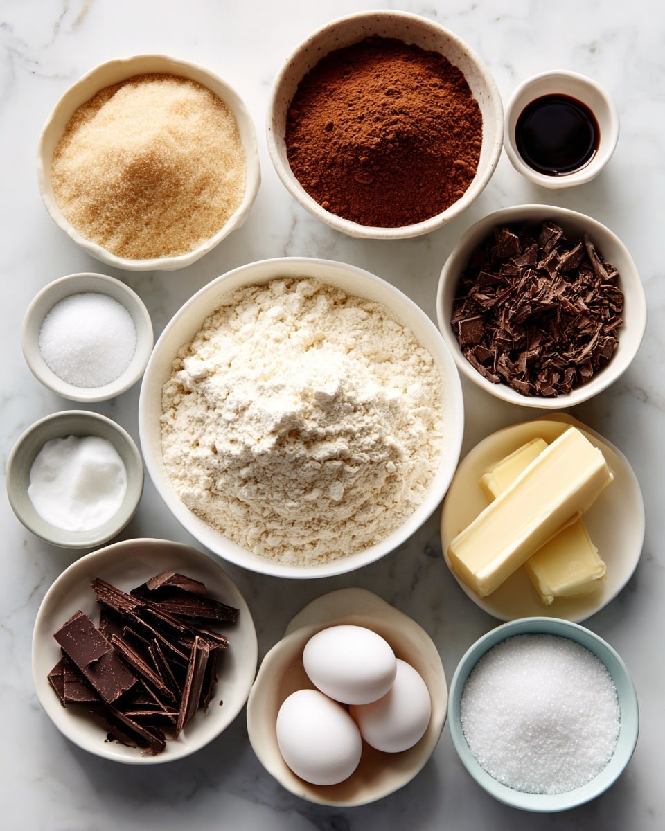 A top-down view of various baking ingredients arranged neatly on a white marbled surface. In the center, there is a large white bowl filled with pale flour. To the left, a white bowl with light brown sugar sits above two small white bowls with white baking soda and salt inside. Below them, a white bowl holds two white eggs. On the right, a white bowl with dark espresso powder is near a small white bowl with dark vanilla extract. Towards the top, a white bowl contains dark chocolate shavings, and to its right is a stick of pale butter. At the bottom right, a white bowl has white granulated sugar. All items are spaced evenly and labeled with bold black text above or beside each bowl. Photo taken with an iphone --ar 4:5 --v 7