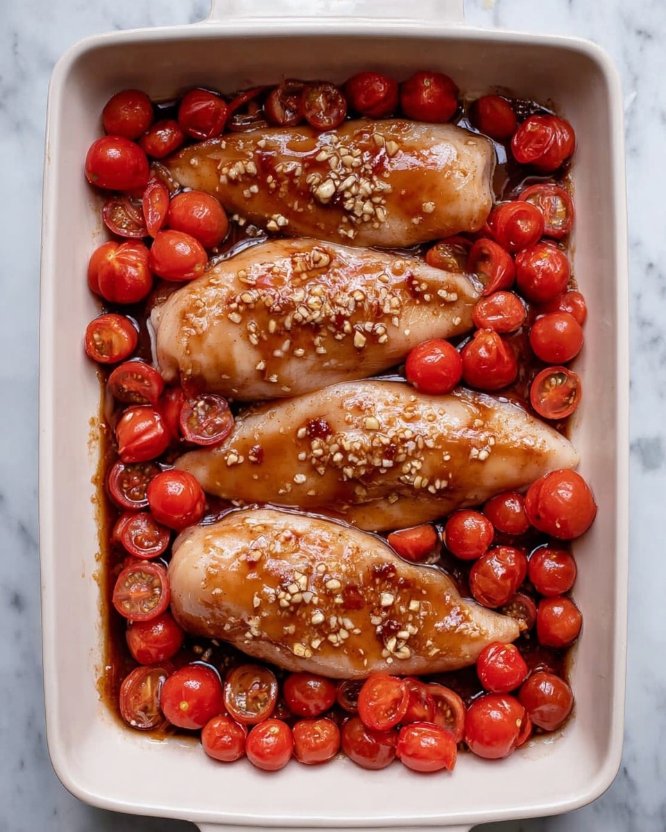 A white rectangular dish holds four large raw chicken fillets placed side by side, each fillet is shiny with a brown sauce glaze and small bits of garlic on top. Around the fillets, there are many halved and whole bright red cherry tomatoes, filling the spaces between and around the chicken. The dish sits on a white marbled surface, making the red tomatoes and brown chicken sauce stand out clearly. photo taken with an iphone --ar 4:5 --v 7