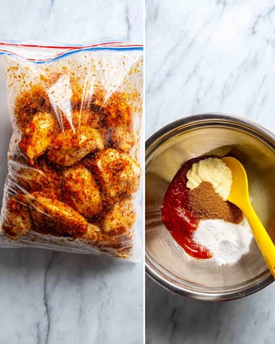 The image shows two separate scenes side by side on a white marbled surface. On the left, there is a clear plastic bag filled with seasoned chicken pieces, the seasoning visible as a mix of orange and brown spices coating the chicken inside the bag. On the right, a silver mixing bowl contains several ingredients: a red sauce spread on one side, white granulated substance (likely sugar), a yellow liquid, and a brown powder, all partially mixed by a yellow spoon resting inside the bowl. Photo taken with an iphone --ar 4:5 --v 7