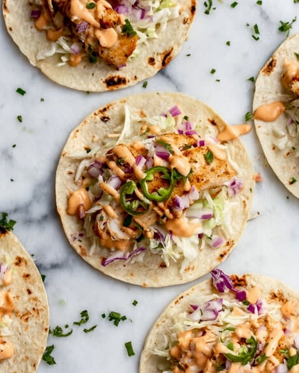 The image shows several small white tortillas on a white marbled surface, each with layers starting with a spread of shredded white cabbage, topped with pieces of golden brown cooked chicken. Above the chicken is a drizzle of light orange creamy sauce, small bits of red onion, and finely chopped green peppers scattered on top. One tortilla is partly folded, showing a close view of the toppings. Some shredded cheese and green herbs are sprinkled around on the surface, adding color contrast. photo taken with an iphone --ar 4:5 --v 7