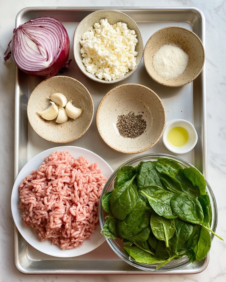 A metal baking tray holds several bowls and plates with ingredients arranged neatly on a white marbled surface. In the bottom left, a white plate has a large portion of raw ground meat with a light pink color and stringy texture. Above it, a small white bowl holds crumbled white cheese. To the right, a clear glass bowl is filled with fresh green spinach leaves, showing their smooth, rounded shapes. Near the top center, a small speckled tan bowl contains two whole garlic cloves. To the right, a similar bowl holds coarse black pepper and salt. In the bottom right corner, a small white bowl has a pale yellow liquid, likely oil. On the top left, half a red onion with visible layers in white and purple shades sits directly on the tray. The photo taken with an iphone --ar 4:5 --v 7