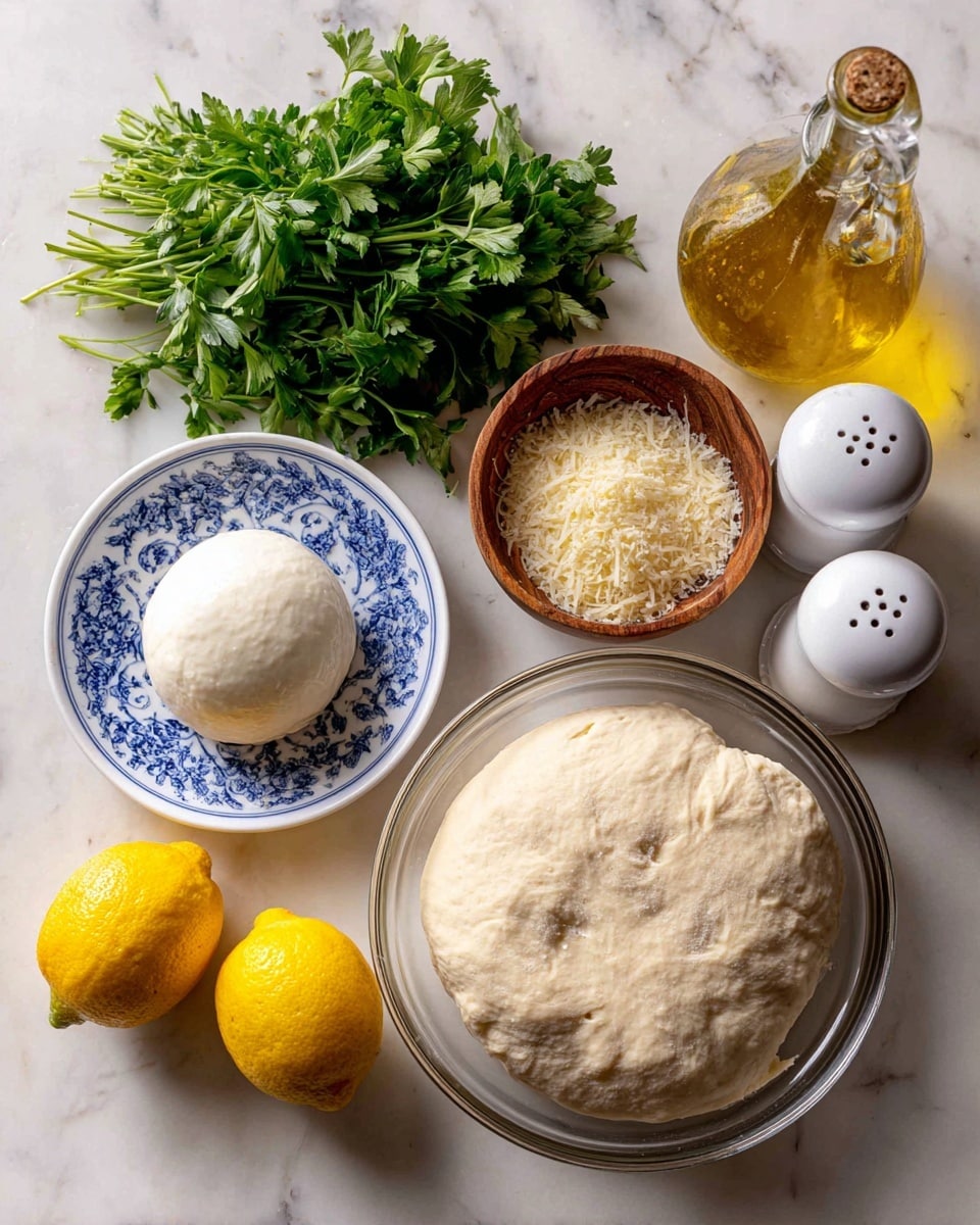 The image shows ingredients arranged on a white marbled surface. At the bottom right, there is a clear glass bowl filled with pale, soft pizza dough. To its left, a small white plate with a blue pattern holds a white round ball of fresh mozzarella. Above that, a whole bright yellow lemon and a bunch of fresh green parsley lie side by side. Near the top center, a whole garlic bulb is placed next to a small wooden bowl filled with finely grated pale parmesan cheese. At the top right, a glass bottle of golden olive oil stands beside two white salt and pepper shakers. All items are neatly spaced and labeled. Photo taken with an iphone --ar 4:5 --v 7