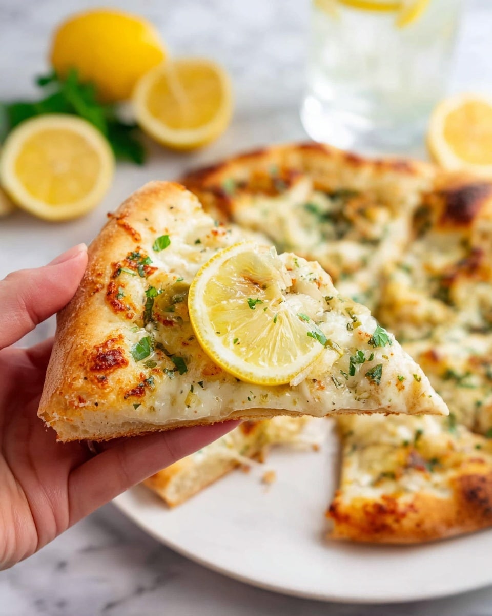 A close-up image showing a woman's hand holding a slice of pizza with a thick, golden-brown crust. The pizza has a white sauce layer topped with melted white cheese, small green herb pieces, and a thin slice of lemon centered on the slice. In the background, the rest of the pizza with similar toppings is on a white plate over a white marbled surface, with lemon wedges and a glass of ice water also visible. The colors are bright and fresh, highlighting the creamy and slightly textured cheese with green herbs and the yellow lemon slice. Photo taken with an iphone --ar 4:5 --v 7