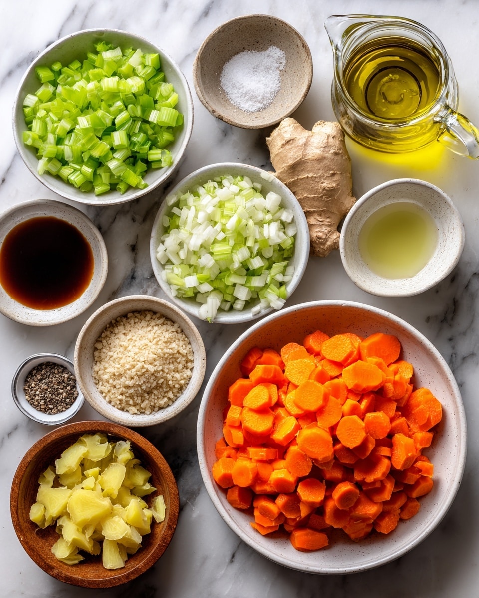 The image shows several small white bowls arranged on a white marbled surface, each filled with different ingredients. There is a large bowl filled with bright orange carrot slices positioned centrally. Surrounding it are smaller bowls containing light green chopped celery, white chopped onions, and small beige powder labeled as coconut sugar. Next to these is a tiny bowl holding salt and black pepper. A clear glass container with golden avocado oil sits on the top right, while a small cup with light yellow rice vinegar is at the bottom right. Near the top center, there is a small wooden bowl filled with yellow diced ginger, alongside a piece of whole ginger root. A small white bowl on the left holds dark brown coconut aminos liquid. The setup is neat and bright, with all the items spaced apart clearly. Photo taken with an iphone --ar 4:5 --v 7