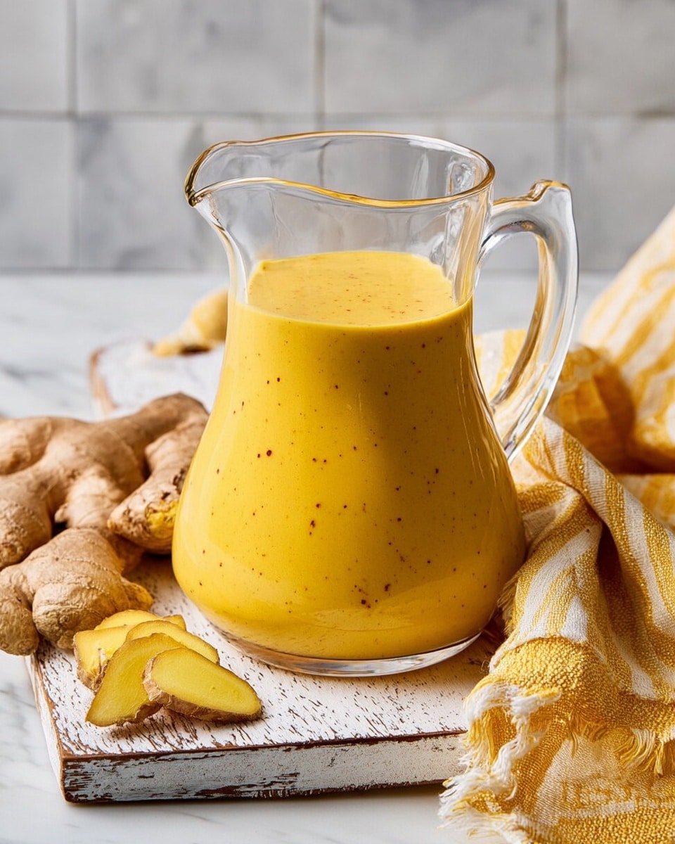 A clear glass pitcher filled with a thick, smooth, bright yellow sauce with tiny dark specks, sitting on a rustic white wooden board. Around the pitcher are pieces of fresh ginger root and slices showing their pale yellow inside with a slightly rough texture. To the right side, a yellow and white striped fabric with fringed edges is casually placed. The background is a clean white marbled surface and light gray tiled wall. Photo taken with an iphone --ar 4:5 --v 7