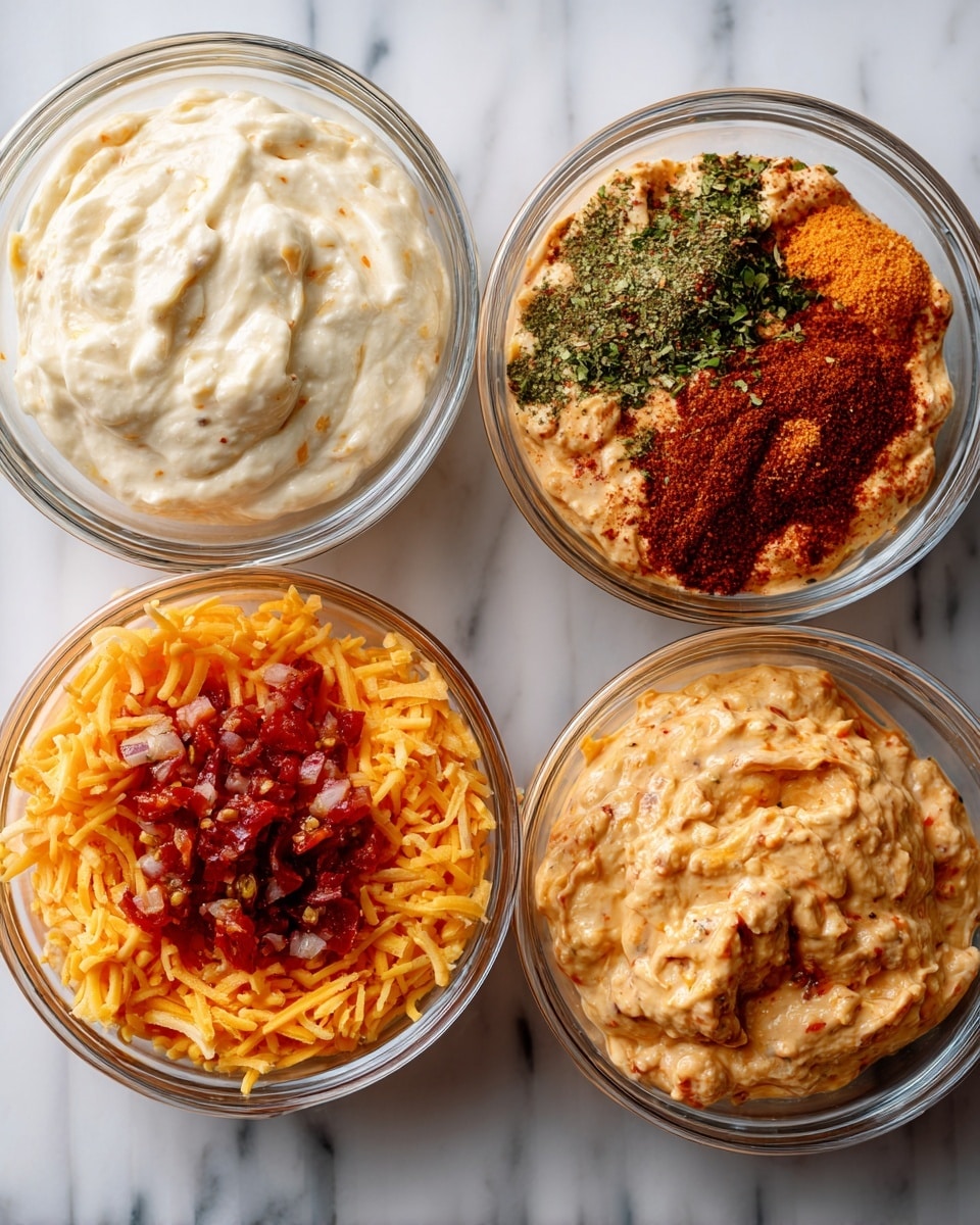 The image shows four clear glass bowls on a white marbled surface, each bowl held in four steps of mixing a creamy dip. In the first bowl, there is a thick white creamy base with a smooth texture, filling about half the bowl. The second bowl has the same creamy base but topped with three types of dry spices in piles of light green, deep reddish-brown, and orange powder in the center. The third bowl adds a layer of bright orange shredded cheese and diced red tomatoes over the mixed creamy and spice base, showing a colorful contrast. The fourth bowl shows the mixture fully stirred, creating a thick, blended dip with a light tan color and bits of tomato, cheese, and spice evenly mixed inside the clear bowl. Photo taken with an iphone --ar 4:5 --v 7
