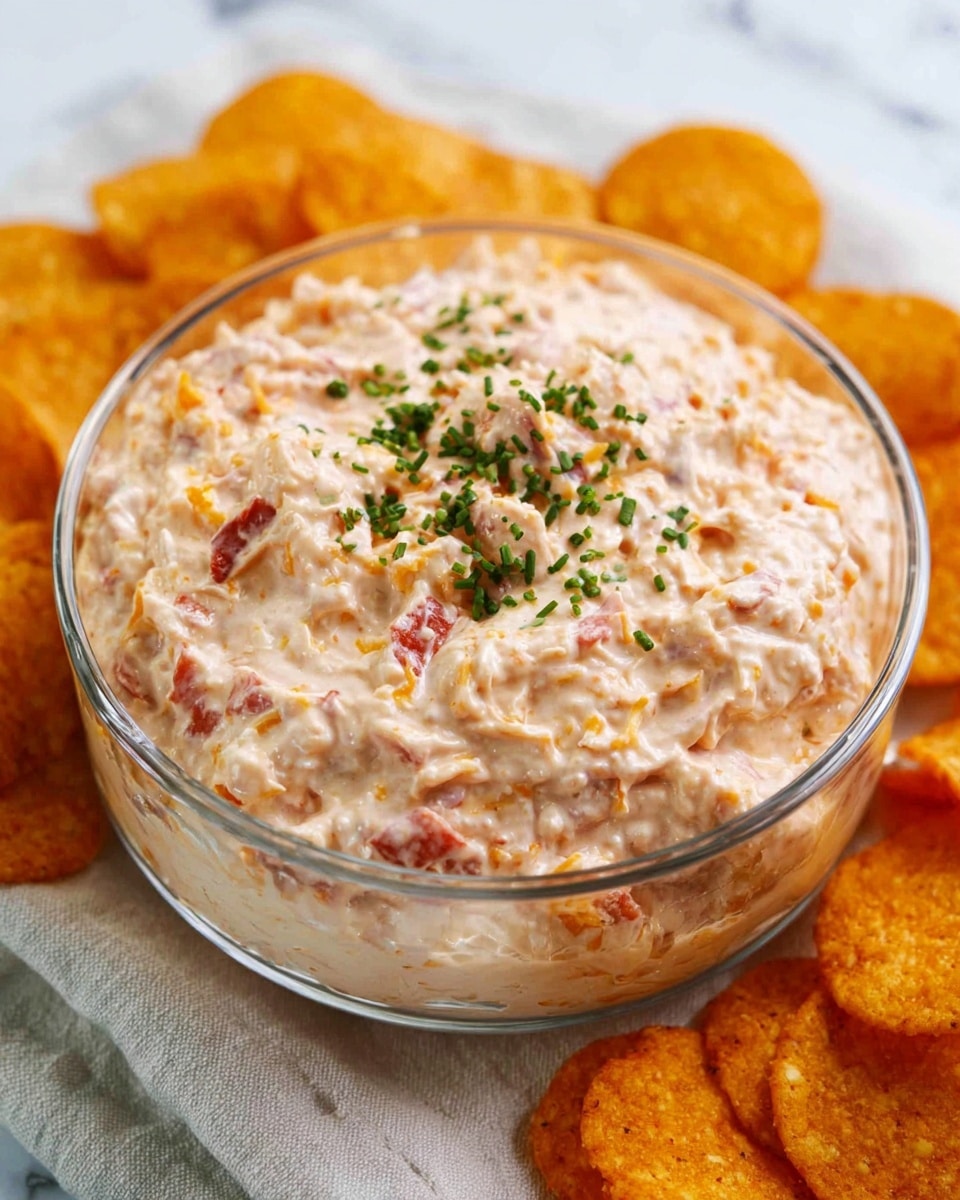 A clear glass bowl filled with a creamy pinkish dip that has visible small chunks of red and yellow ingredients mixed in, topped with finely chopped green herbs. Around the bowl, there are crunchy-looking round chips with a golden orange color. The bowl sits on a cloth with a soft texture, placed on a white marbled surface. The lighting highlights the creamy texture and colorful details of the dip. photo taken with an iphone --ar 4:5 --v 7